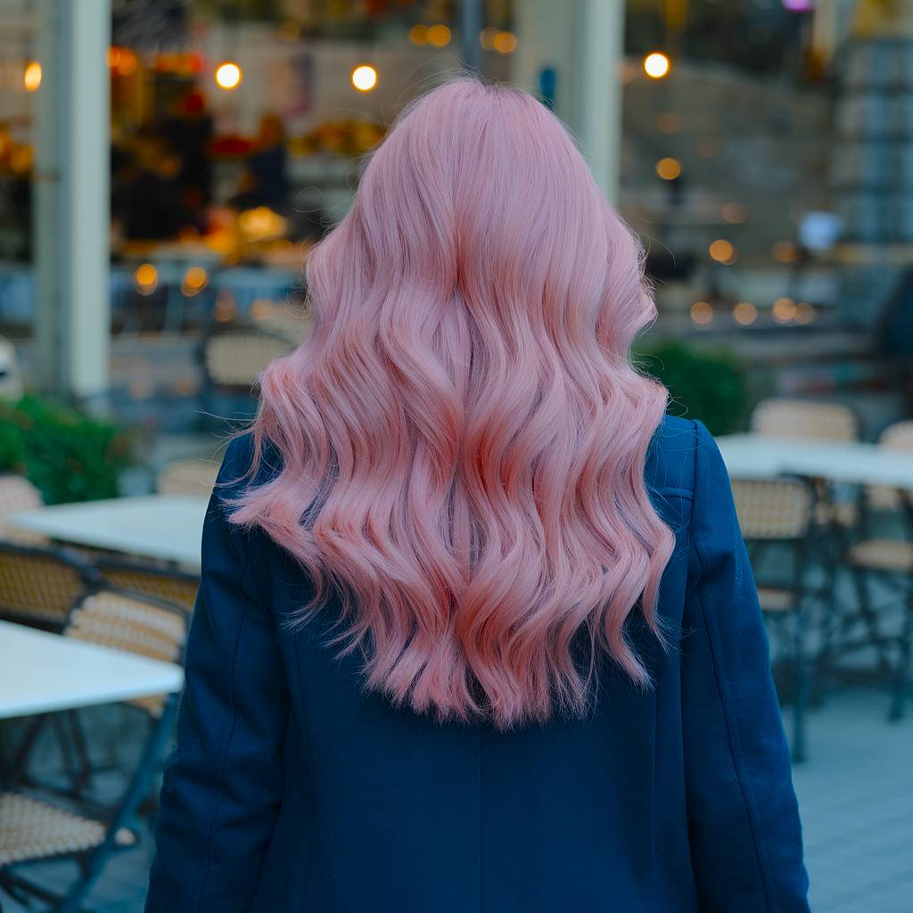 Long pastel pink hair with loose waves, offering a soft and playful spring hair refresh