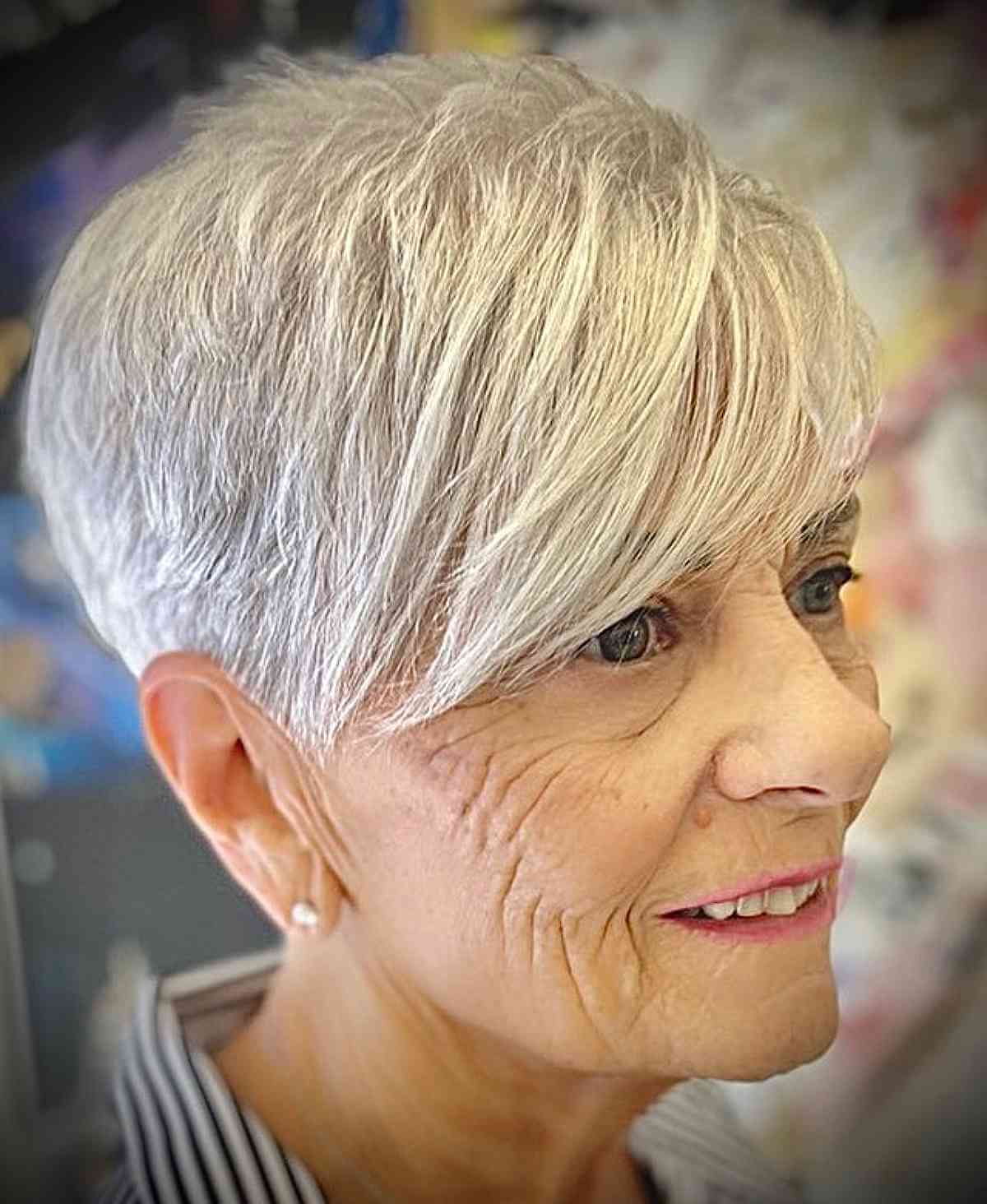 Soft Pearl White Pixie with Bangs for Women Over 70