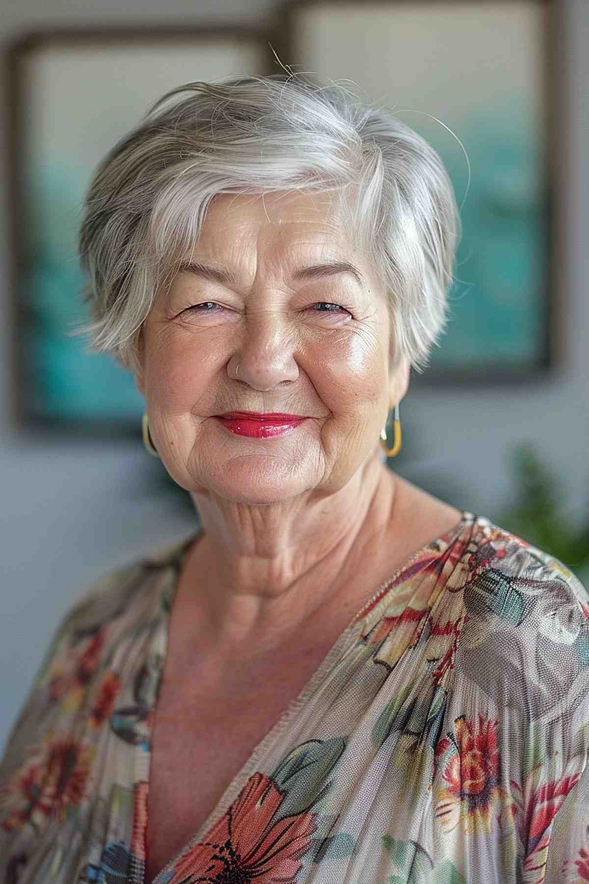 Soft pixie cut for older women with side-swept bangs and natural gray hair