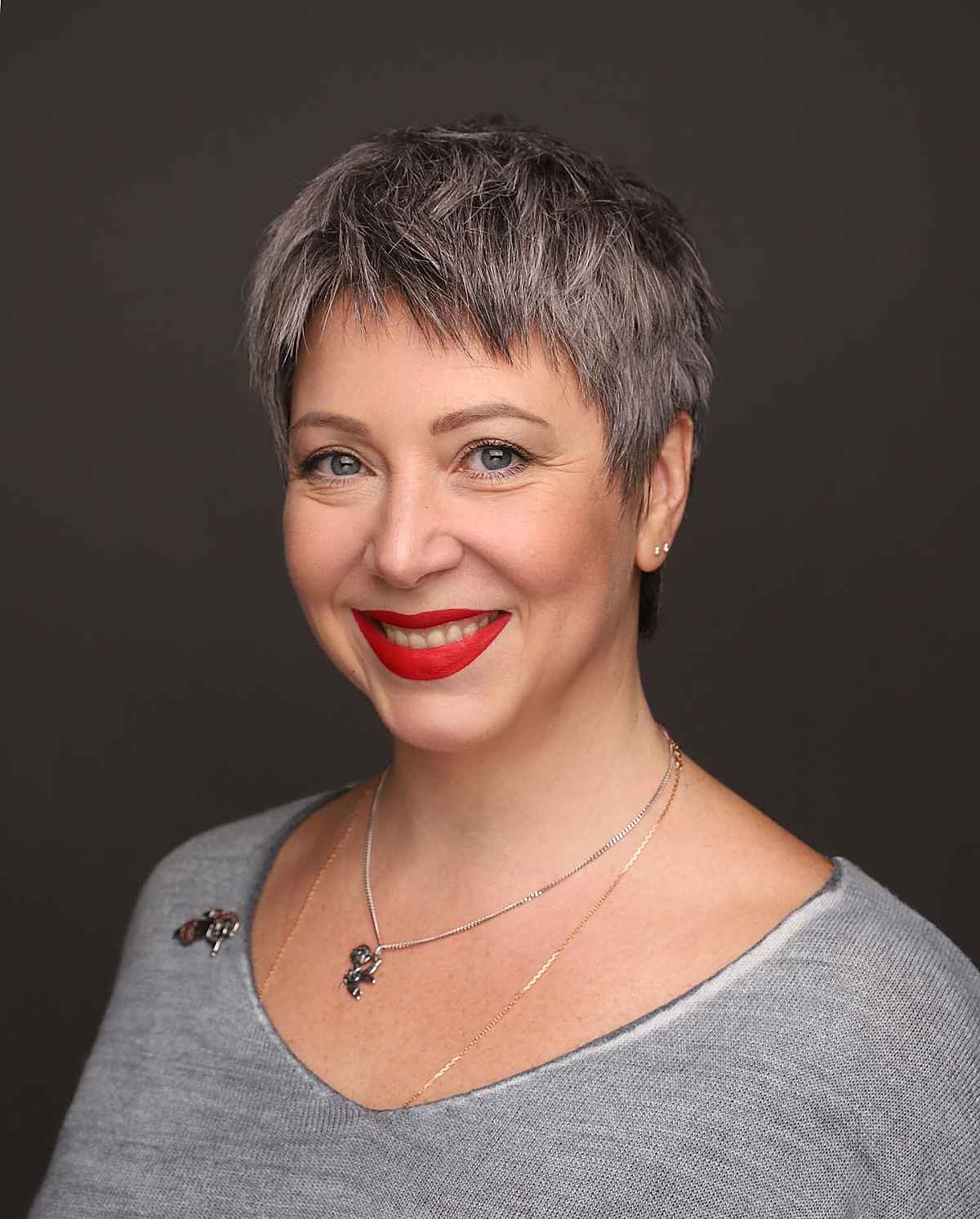 soft pixie for older women with grey hair