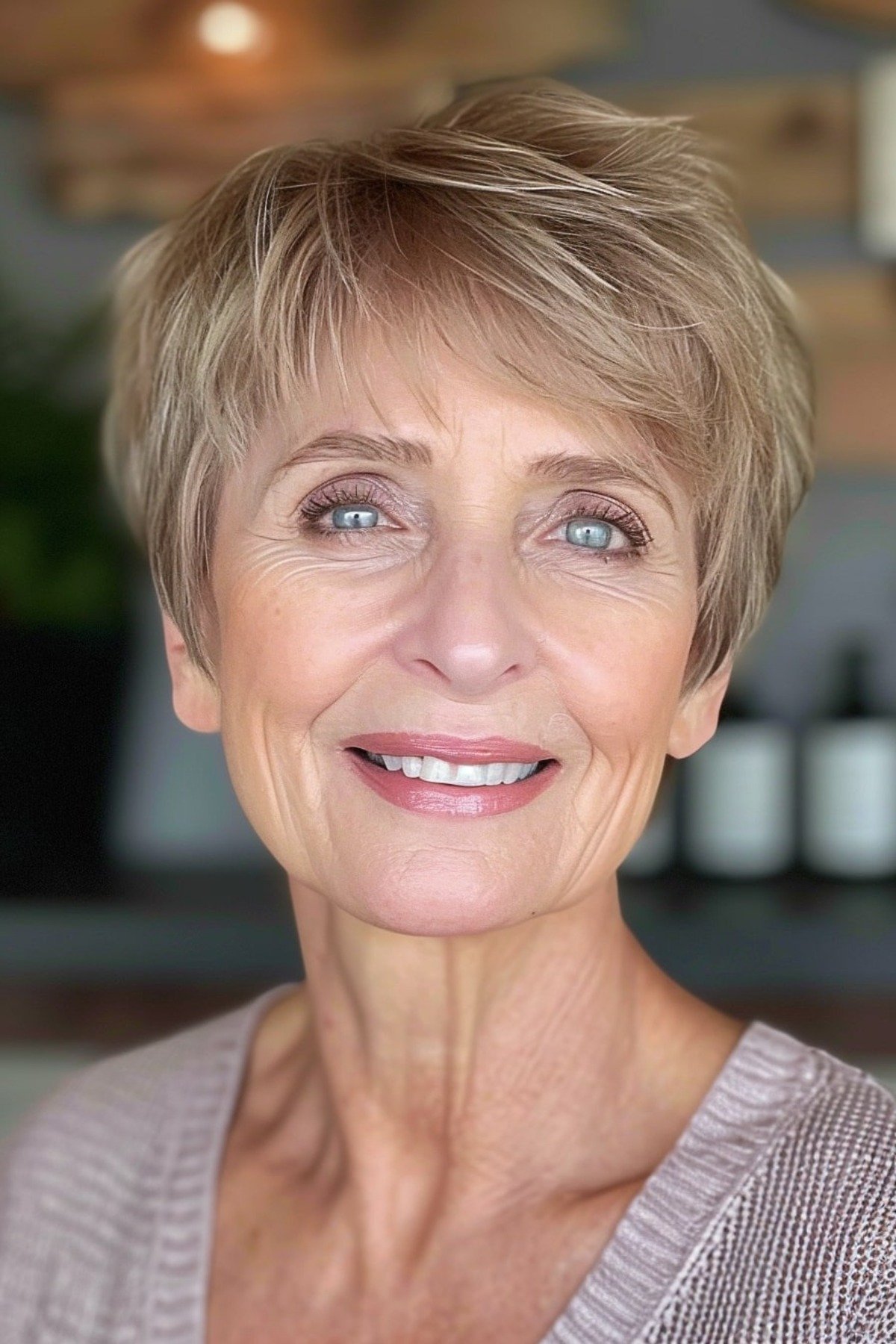 Soft Pixie Haircut with Side Bangs on Older Women