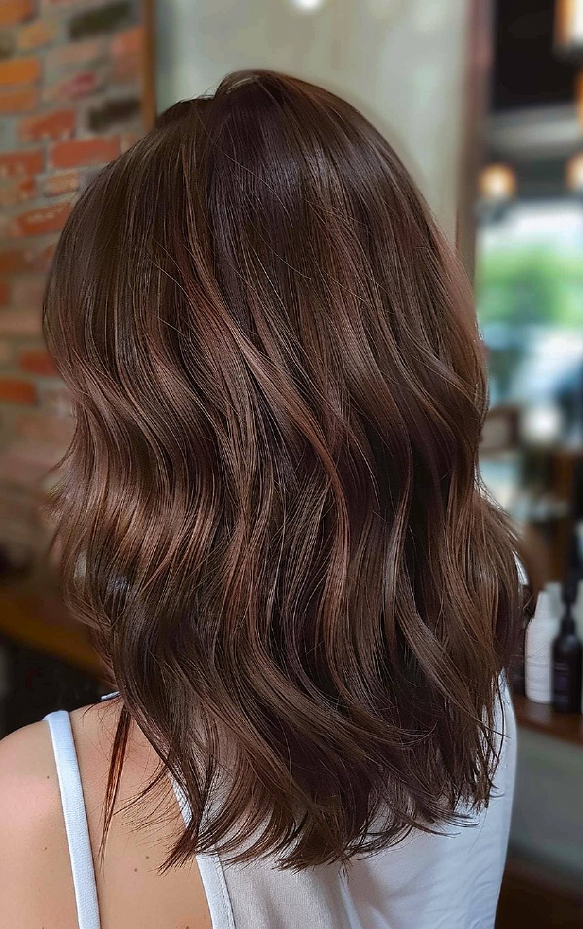 Soft chocolate brown hair with loose waves for medium-length hair