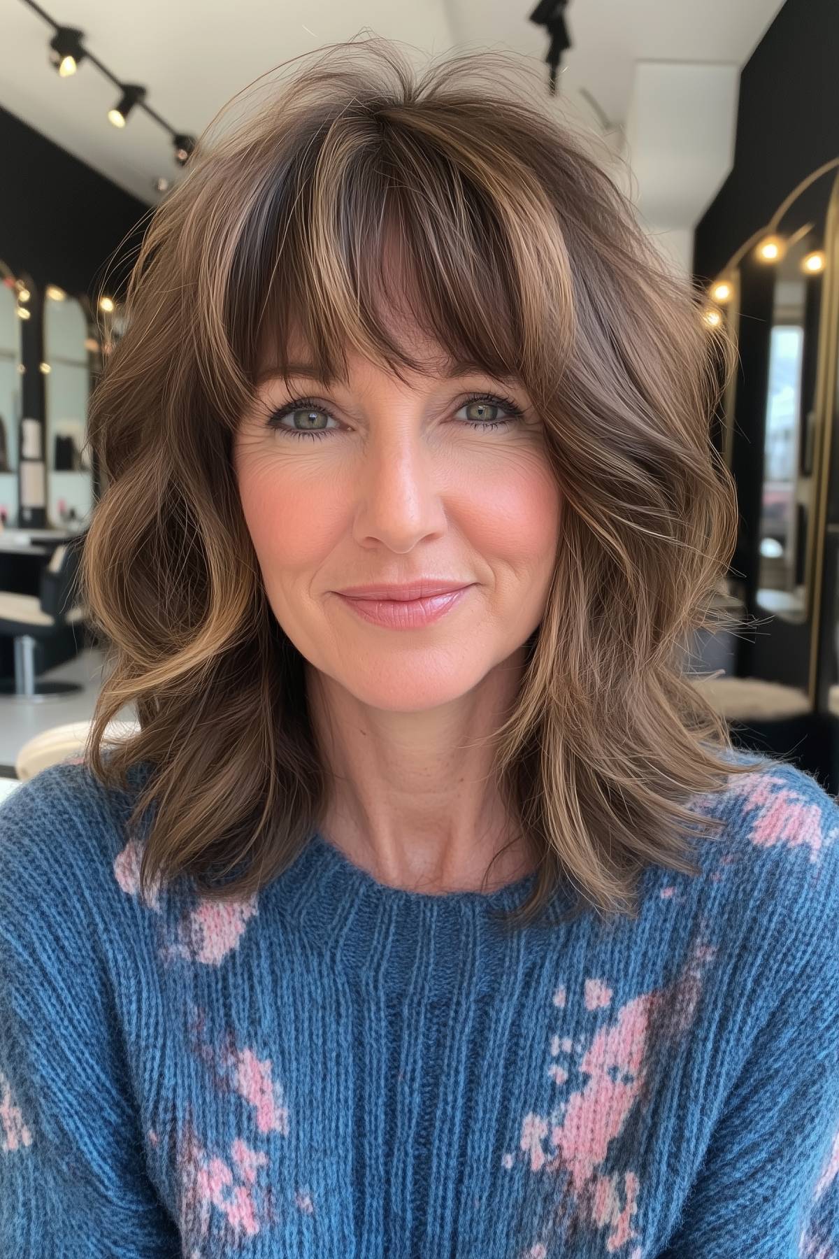 Woman with a soft shaggy lob haircut and textured bangs