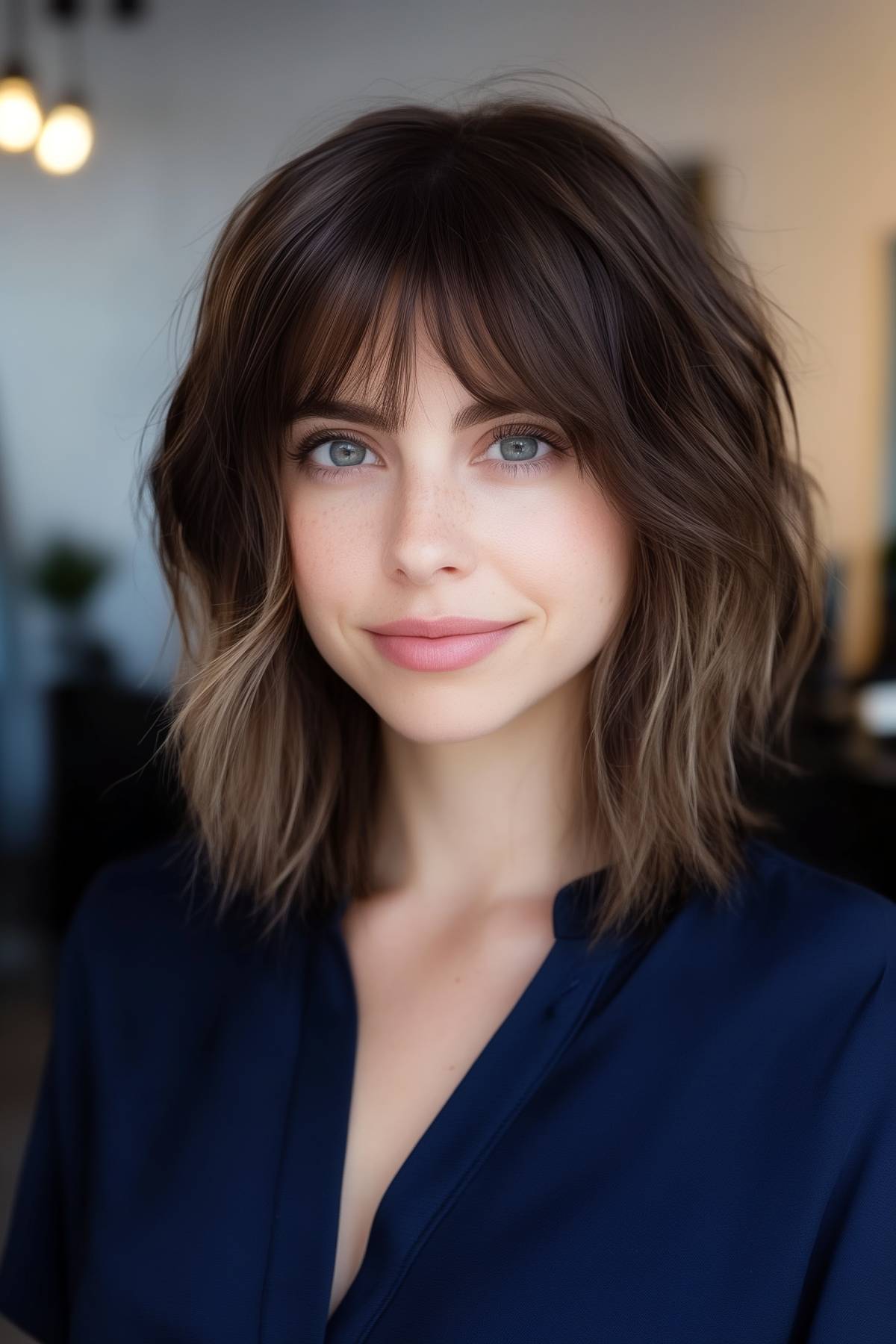 Woman with a soft shaggy lob and wispy bangs for round face shapes