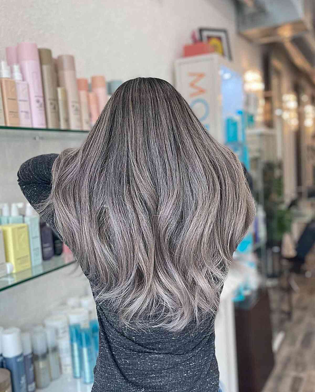 Soft Silver-Grey Balayage Color Melt for Long, Thick Hair