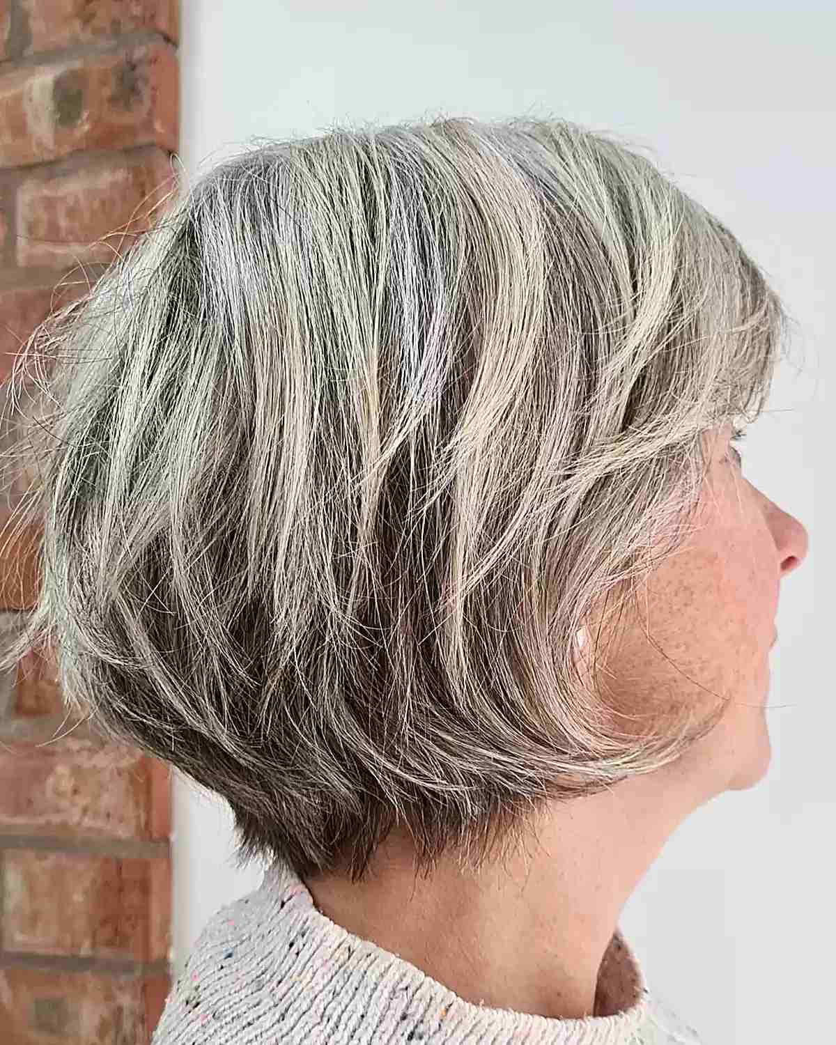 Soft Textured Choppy Bixie with White Blonde Highlights on Ladies Over 60-Years-Old