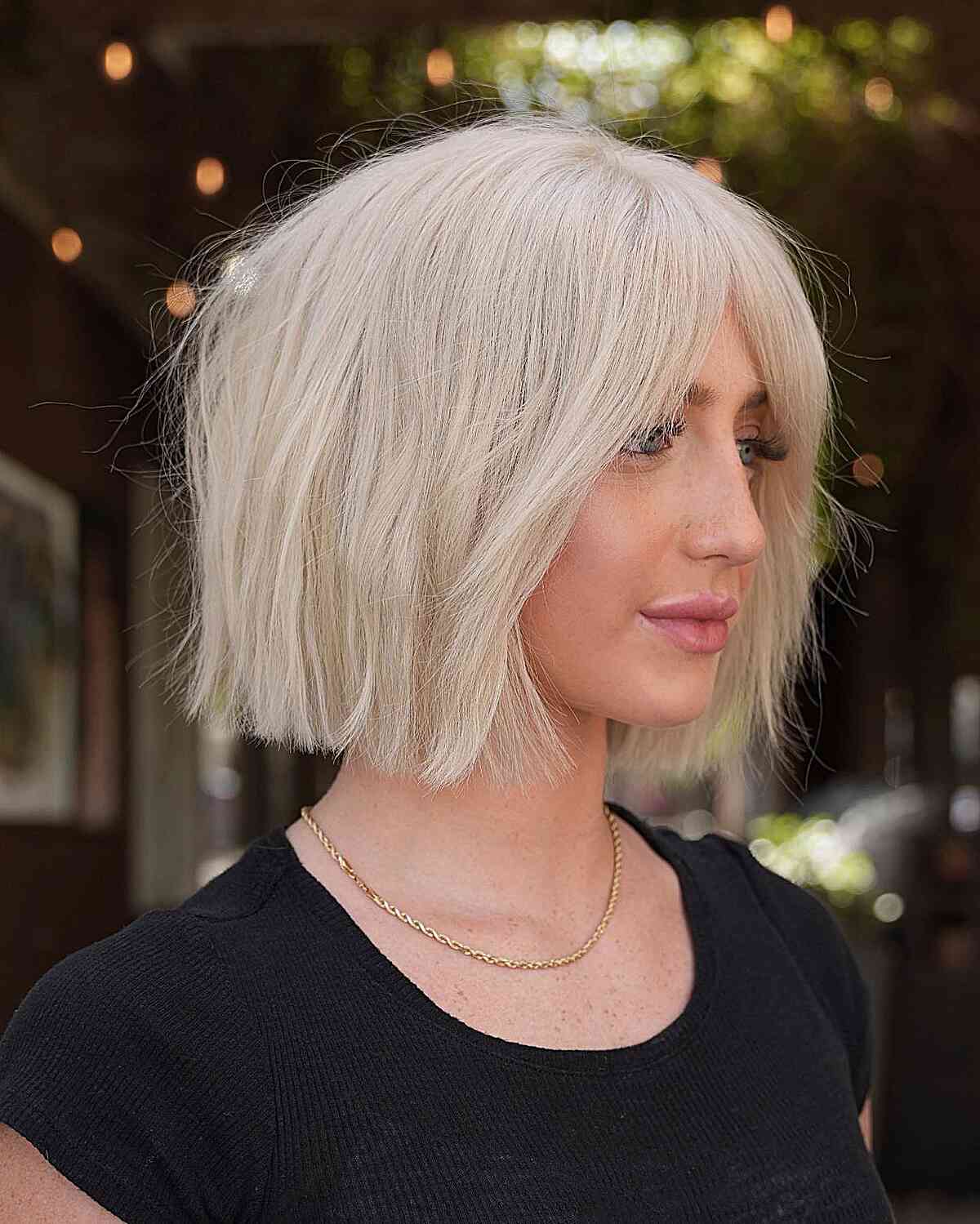 Neck-Length Soft Tousled Slob with Curtain Bangs for Platinum Blonde Hair