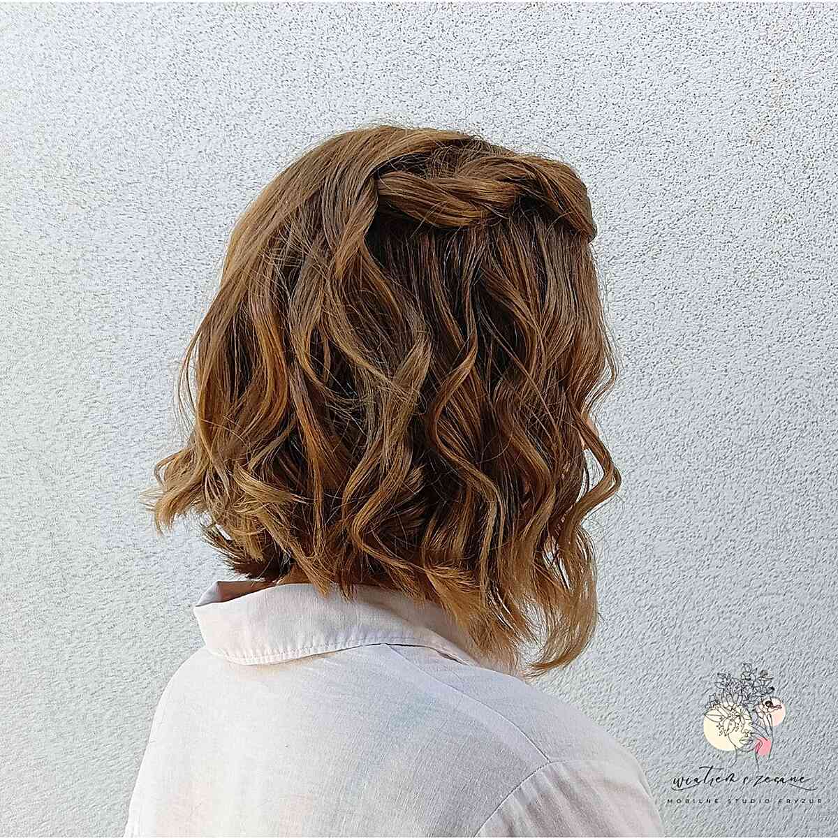 Soft Tousled Waves with a Side Twist for a Lob Cut with Golden Brown Color