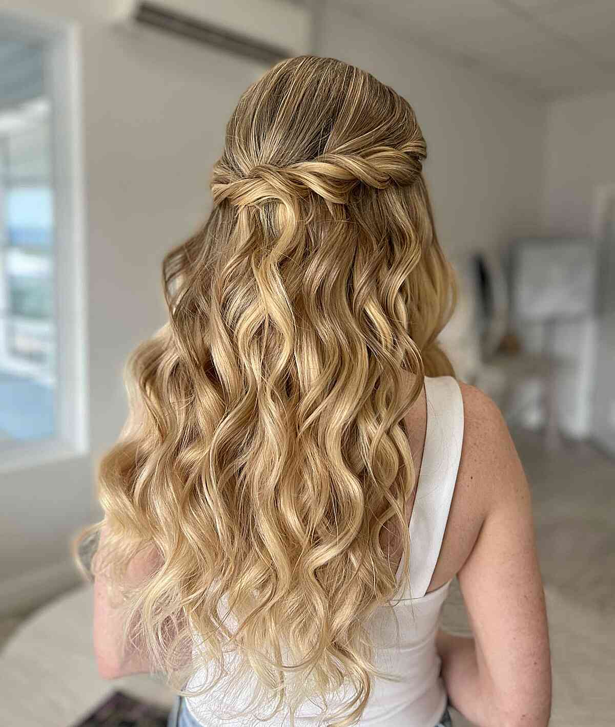 Soft Twisted Half-Down Prom Style with Loose Curls for Long, Blonde Hair