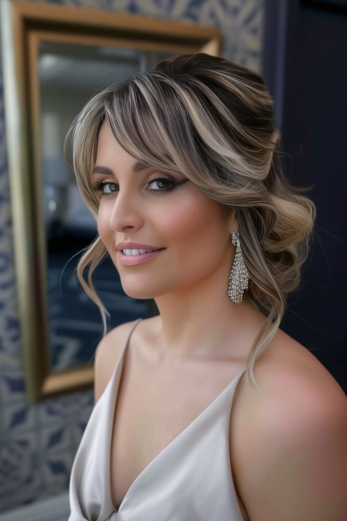 Soft updo with bangs and loose waves for medium-length hair