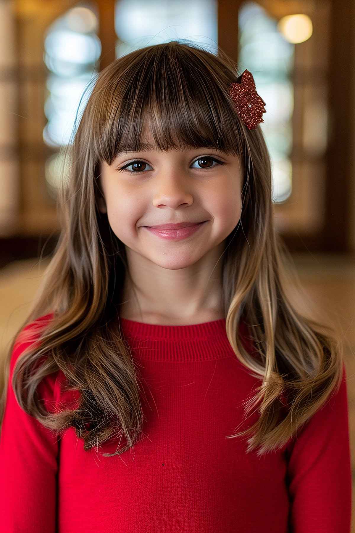 Young girl with soft waves and blunt bangs hairstyle