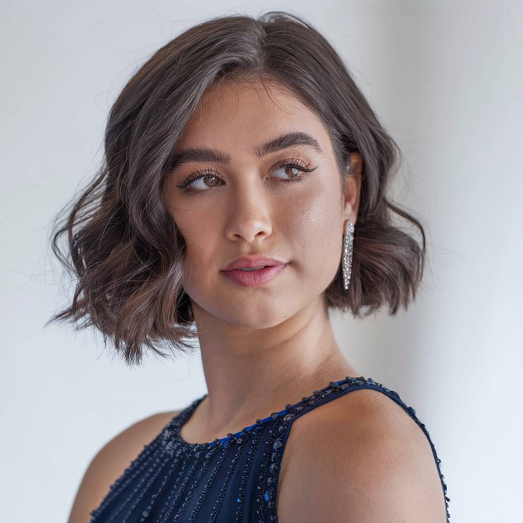 Chin-length bob with soft prom waves and a deep side part