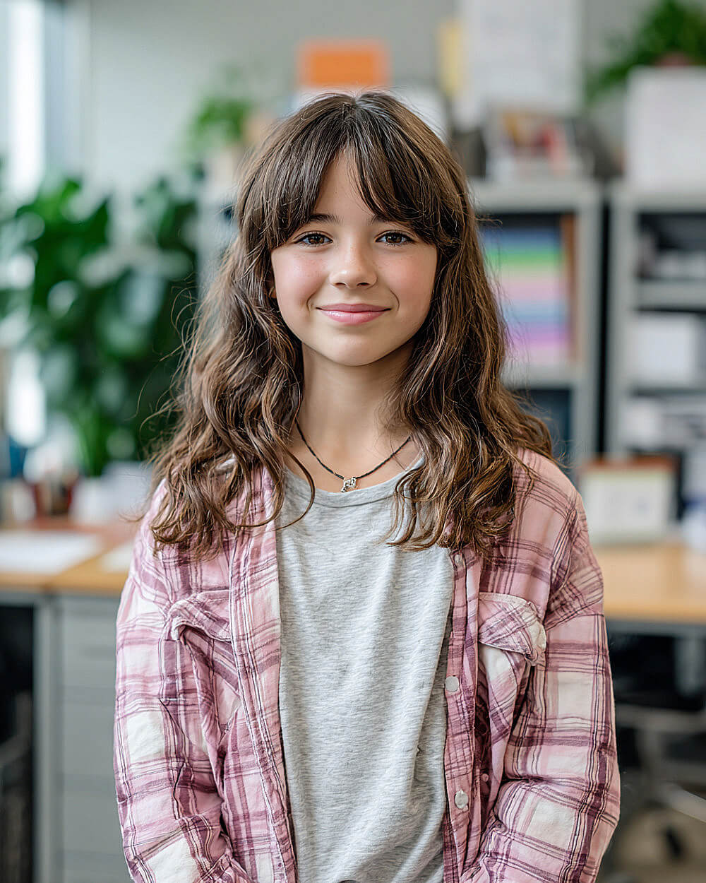 Back to school soft waves with long curtain bangs on medium brown layered hair