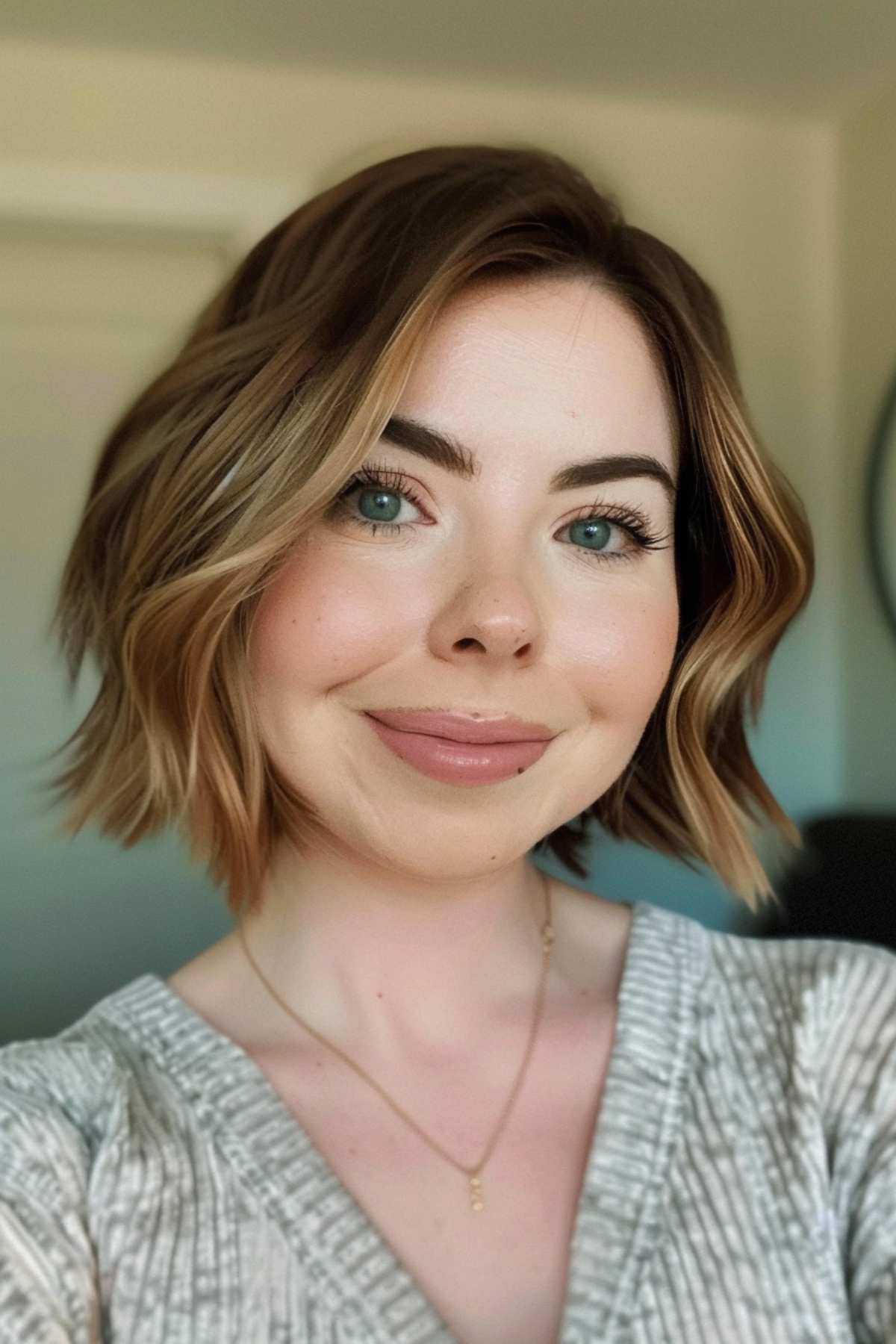 Soft wavy bob for round face shapes with highlights