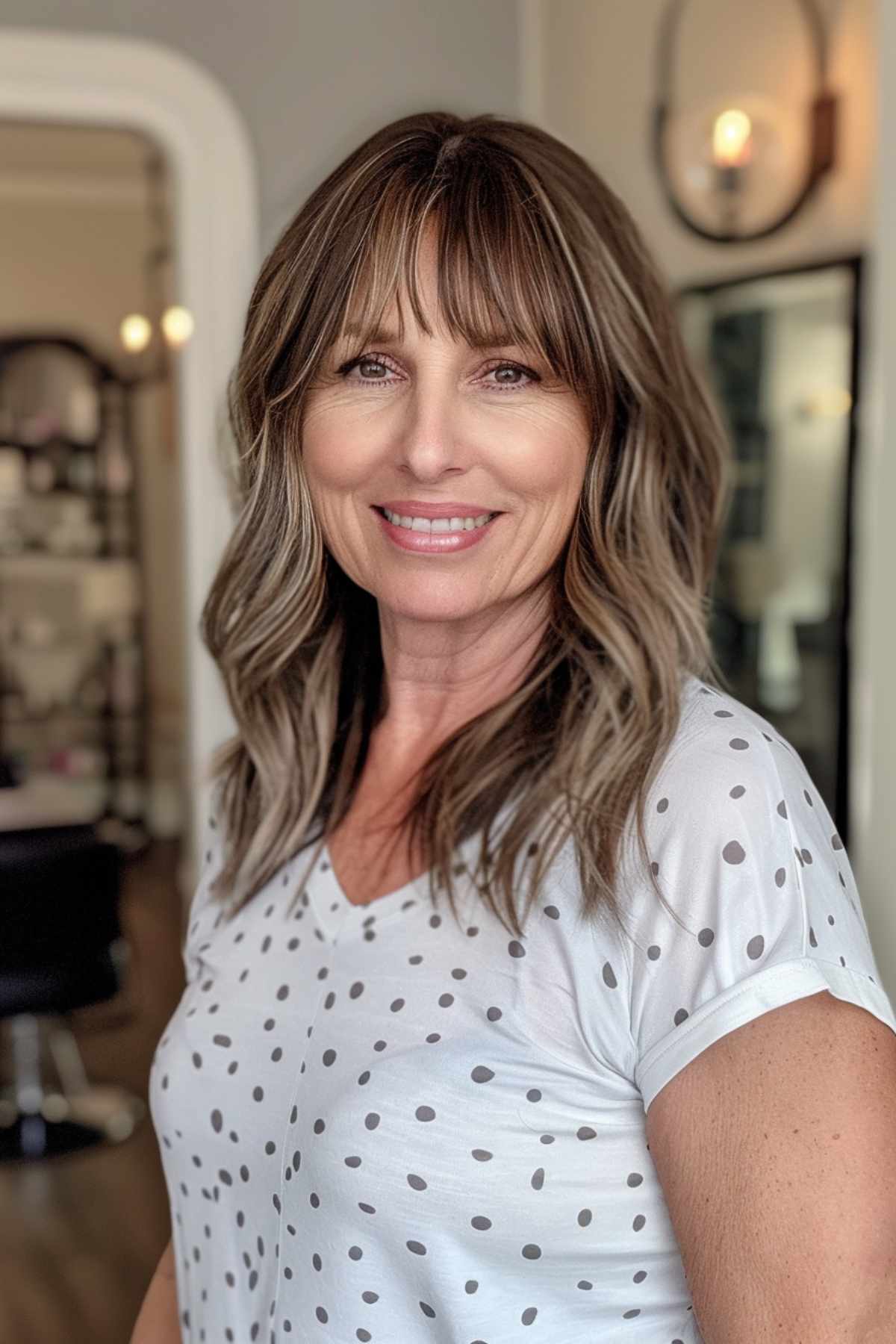 Medium-length wavy hairstyle with bangs for moms