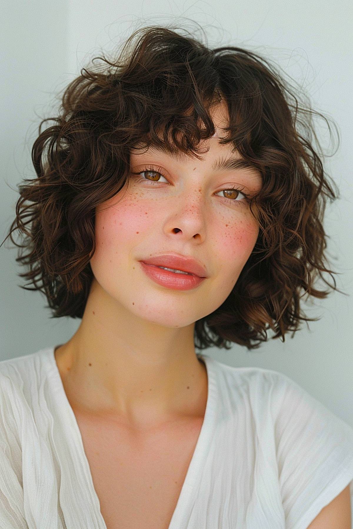 Short wavy curly hair with wispy bangs