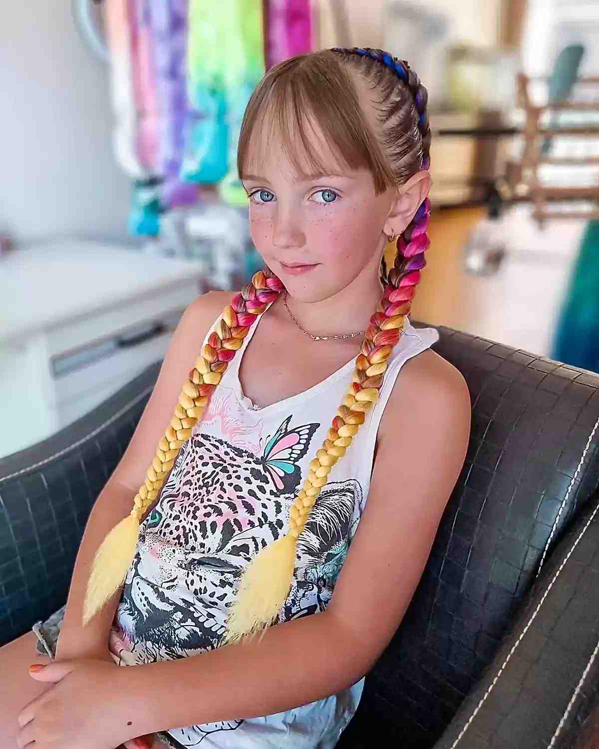 Softball Colored Braids with Wispy Bangs for Kids' Long Hair
