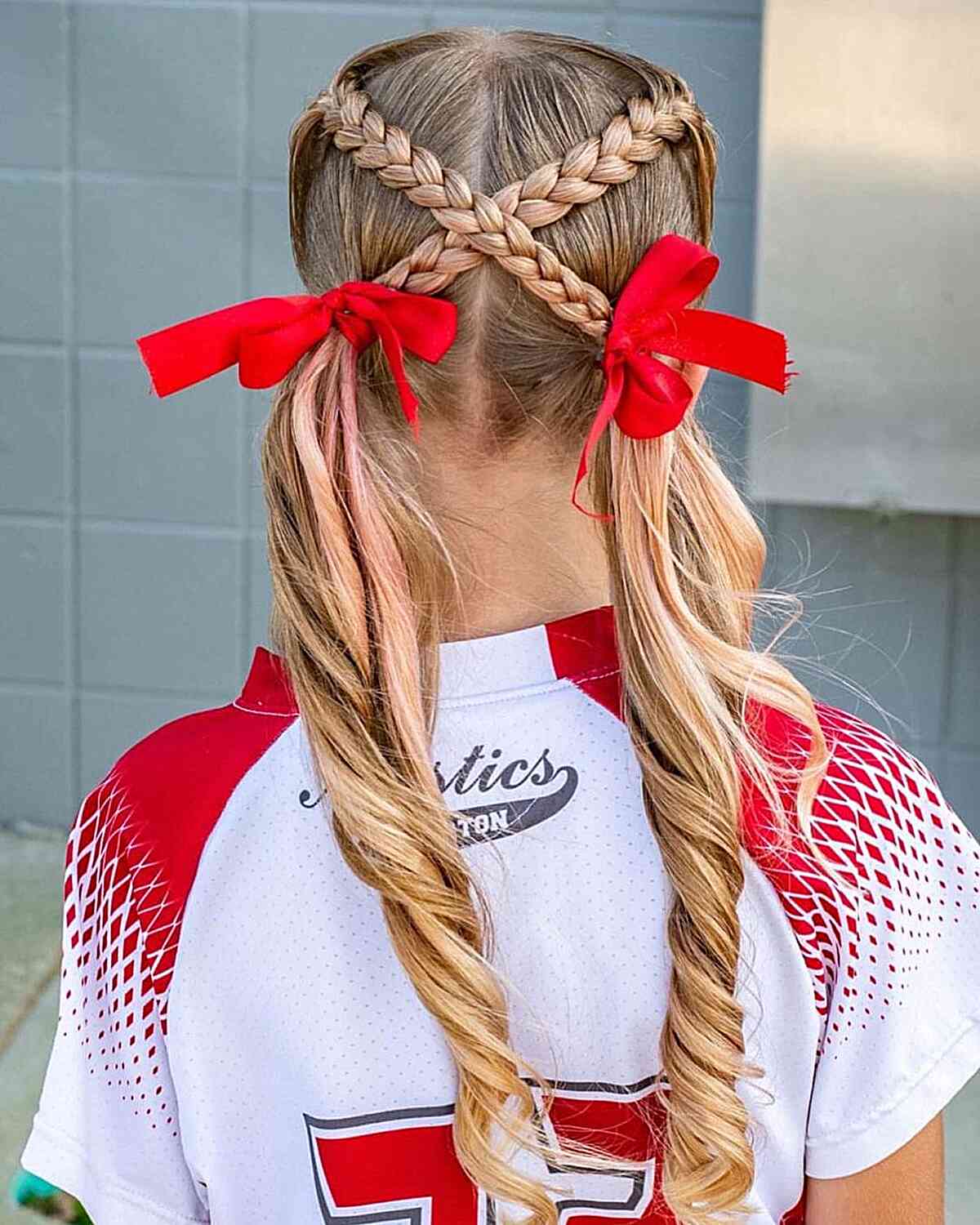 Softball Low Pigtails with Cross Braids on Young Kids