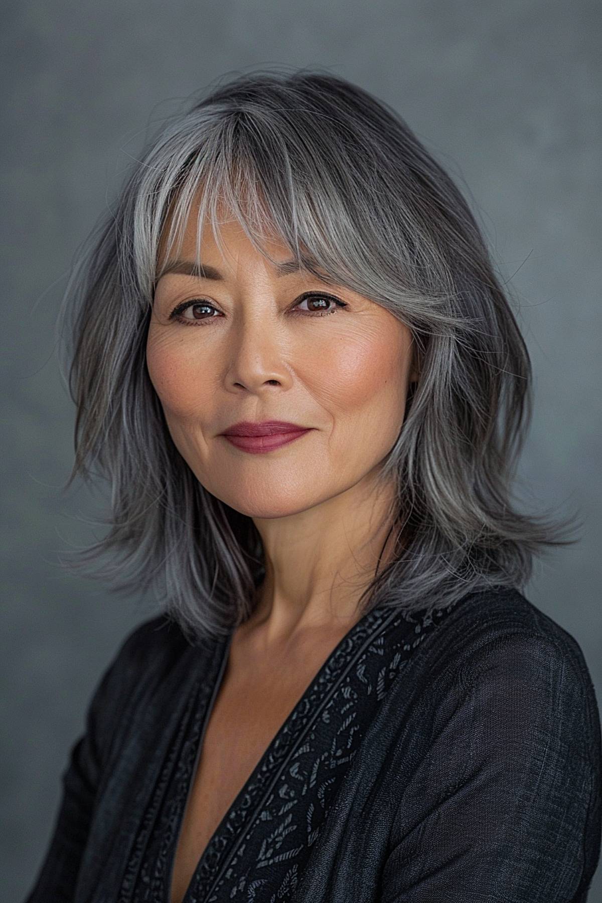 Softbang lob hairstyle with face-framing bangs for older Asian women