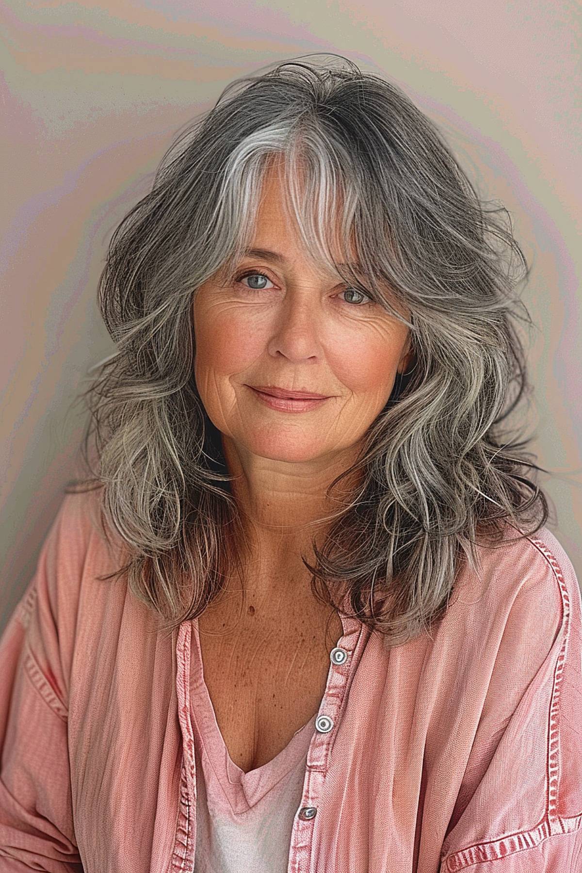 Mature woman with natural grey hair, softly curled ends, and curtain bangs, adding shape and volume.