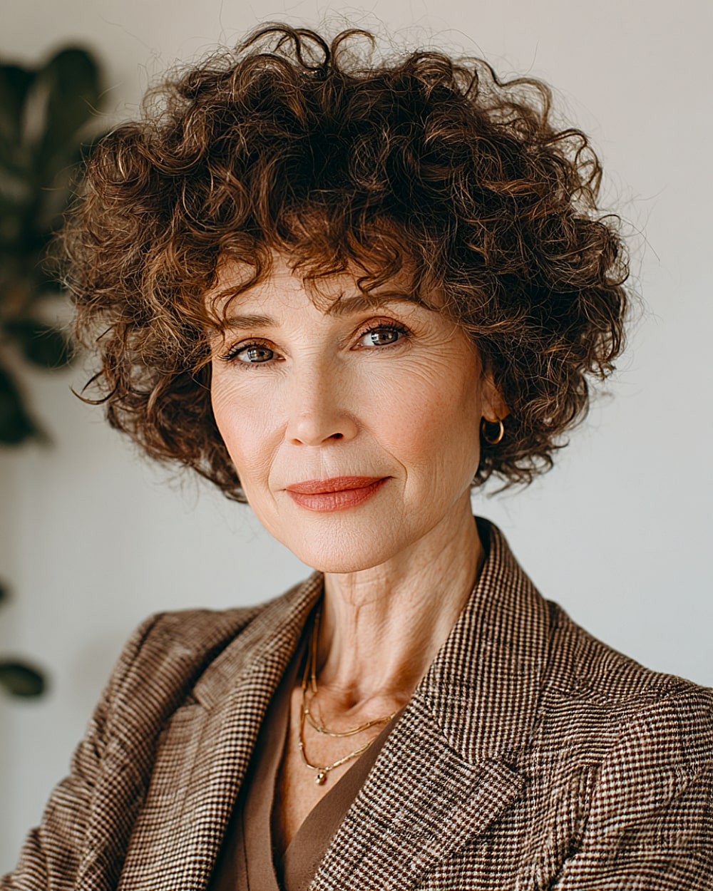 Softrix curly haircut with round shape and short layers for mature women with fine curls