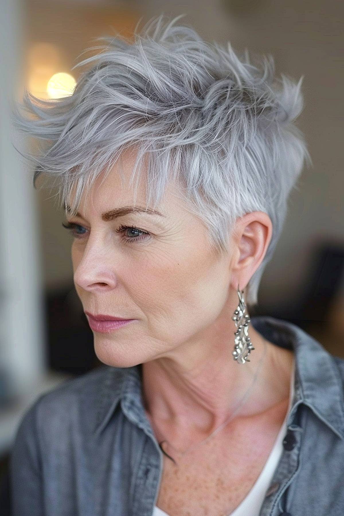 Tousled crop with soft fringe and silvery-gray tone