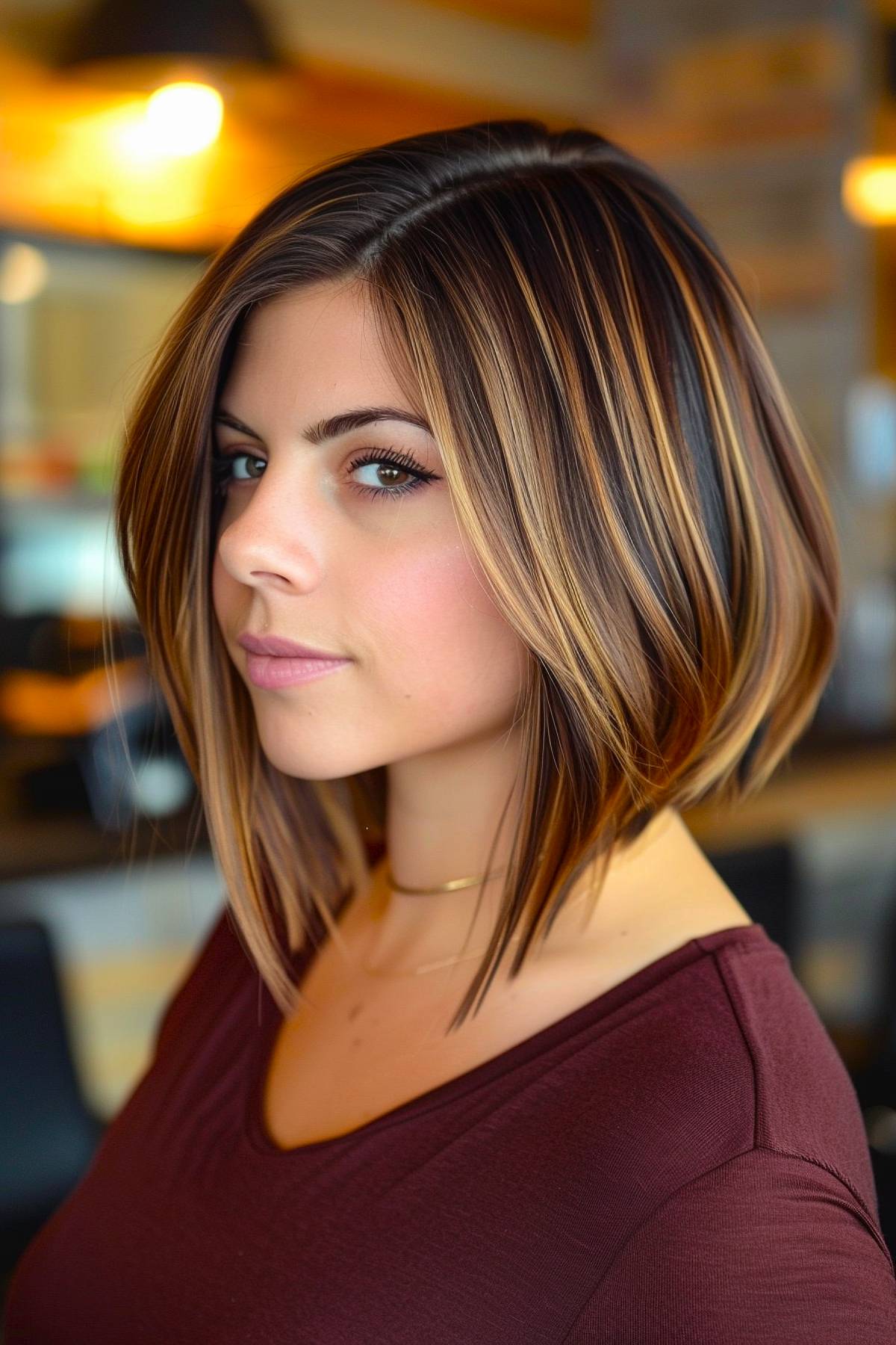 Solumbra cut with brunette base and caramel highlights for a face-framing angled bob