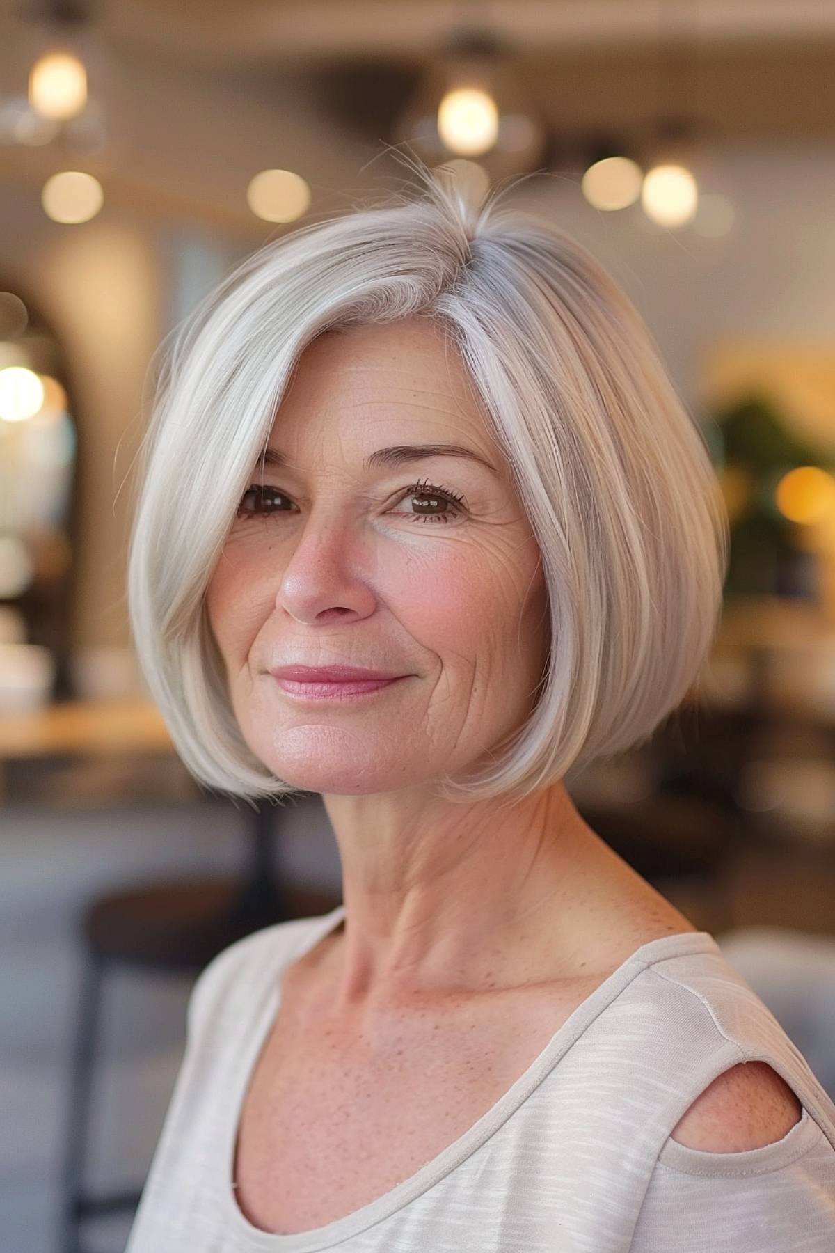 Jaw-length bob with soft platinum layers