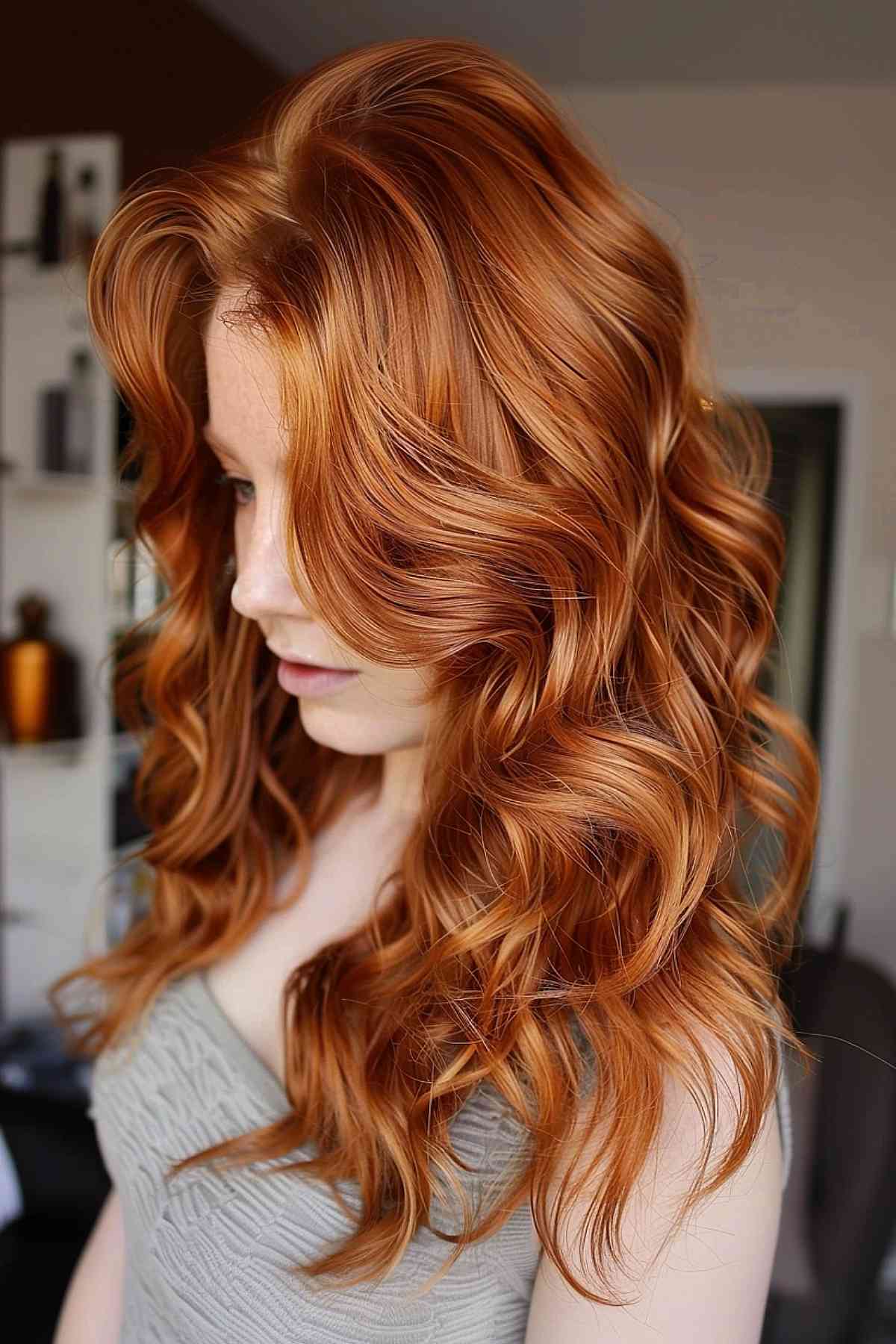 Long, wavy hair in a vivid ginger copper color