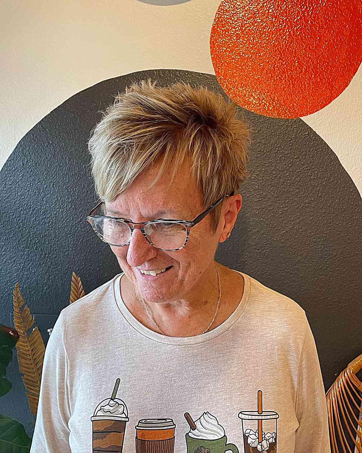 Spiky Edgy Short Pixie Hair with Side Fringe for 60-year-old Women with Glasses