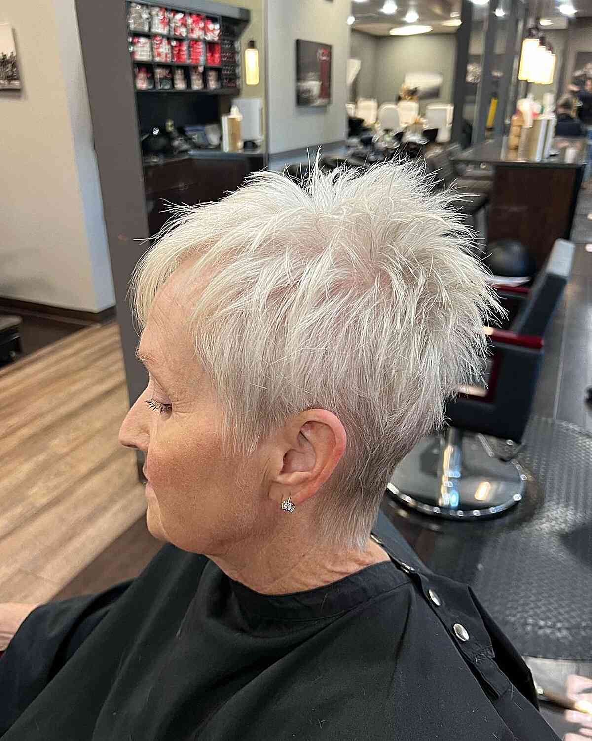 Spiky Pixie Cut on older women aged 50 with Fine, White Hair