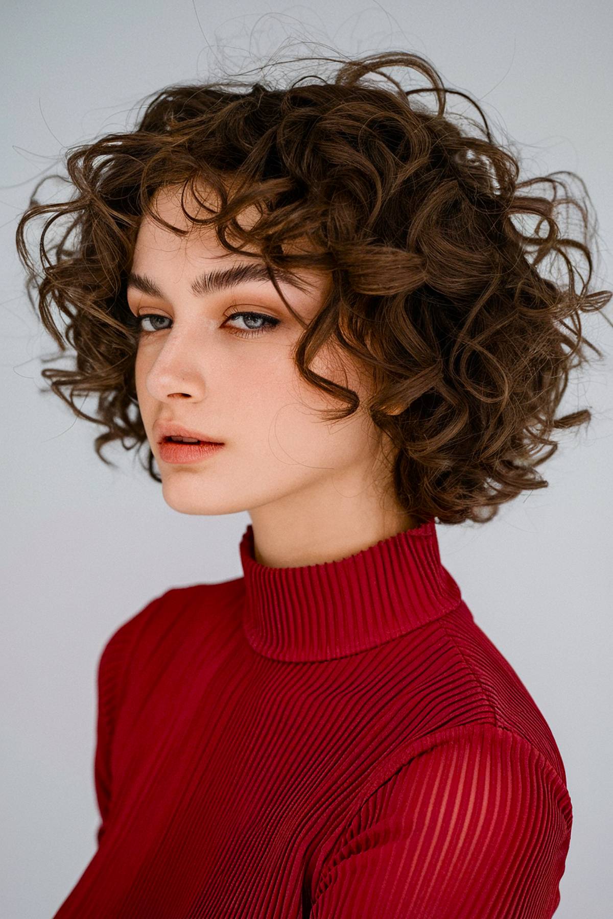 Short spirabob curly haircut with structured layering for bouncy, defined curls