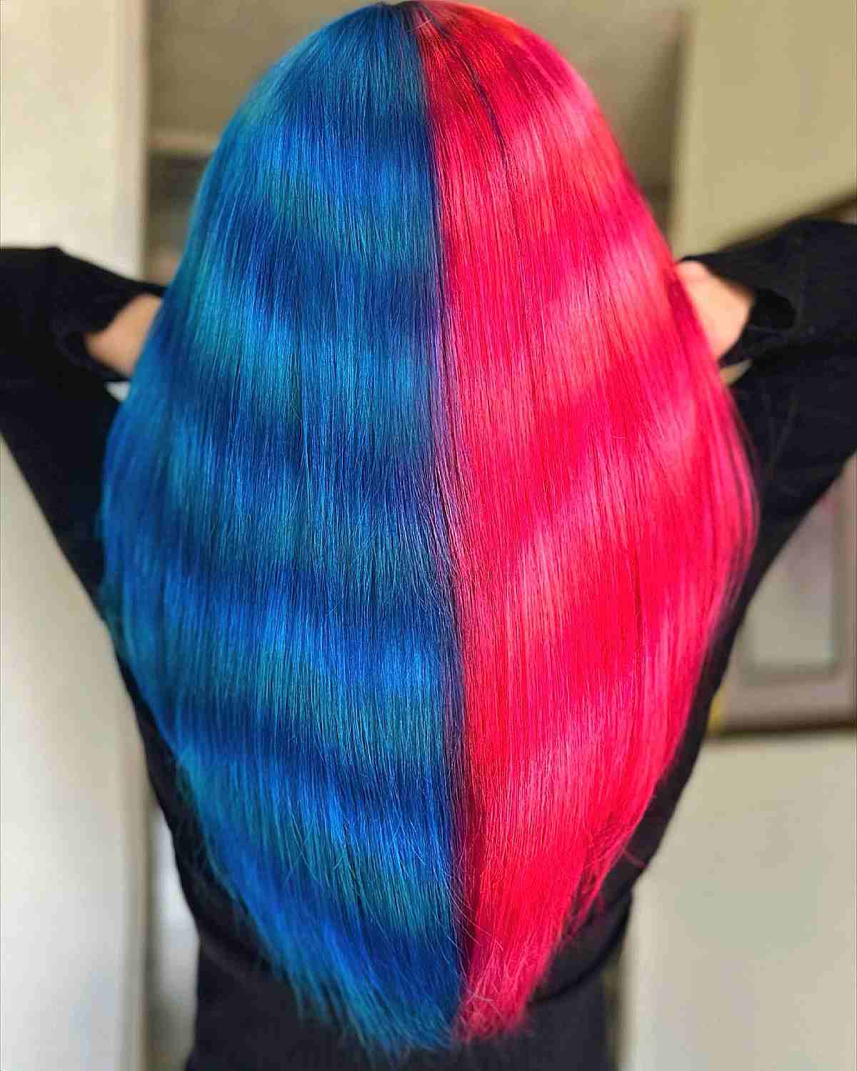 Split Dye Hot Pink and Blue Raccoon Tail Hair with Long Cut and Bangs