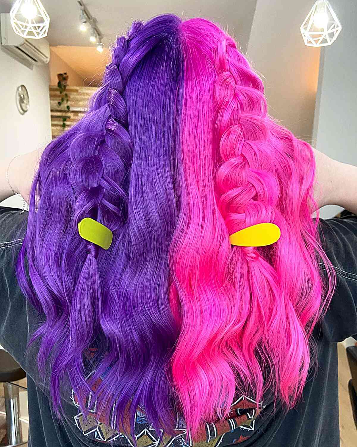 Split Dyed Long Cotton Candy Hair with Neon Pink and Purple Hues