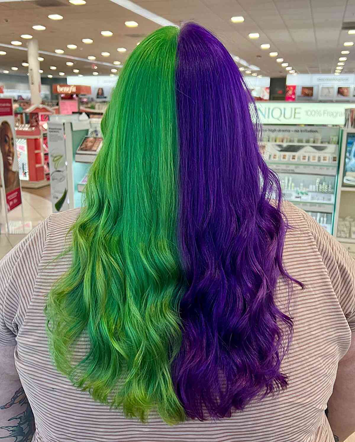 Split Dyed Half Green and Half Purple Long Hair