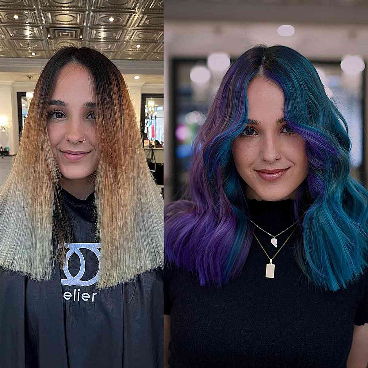 Split Hair Dye Color Idea for women with an edgy personality and a mid-length chop