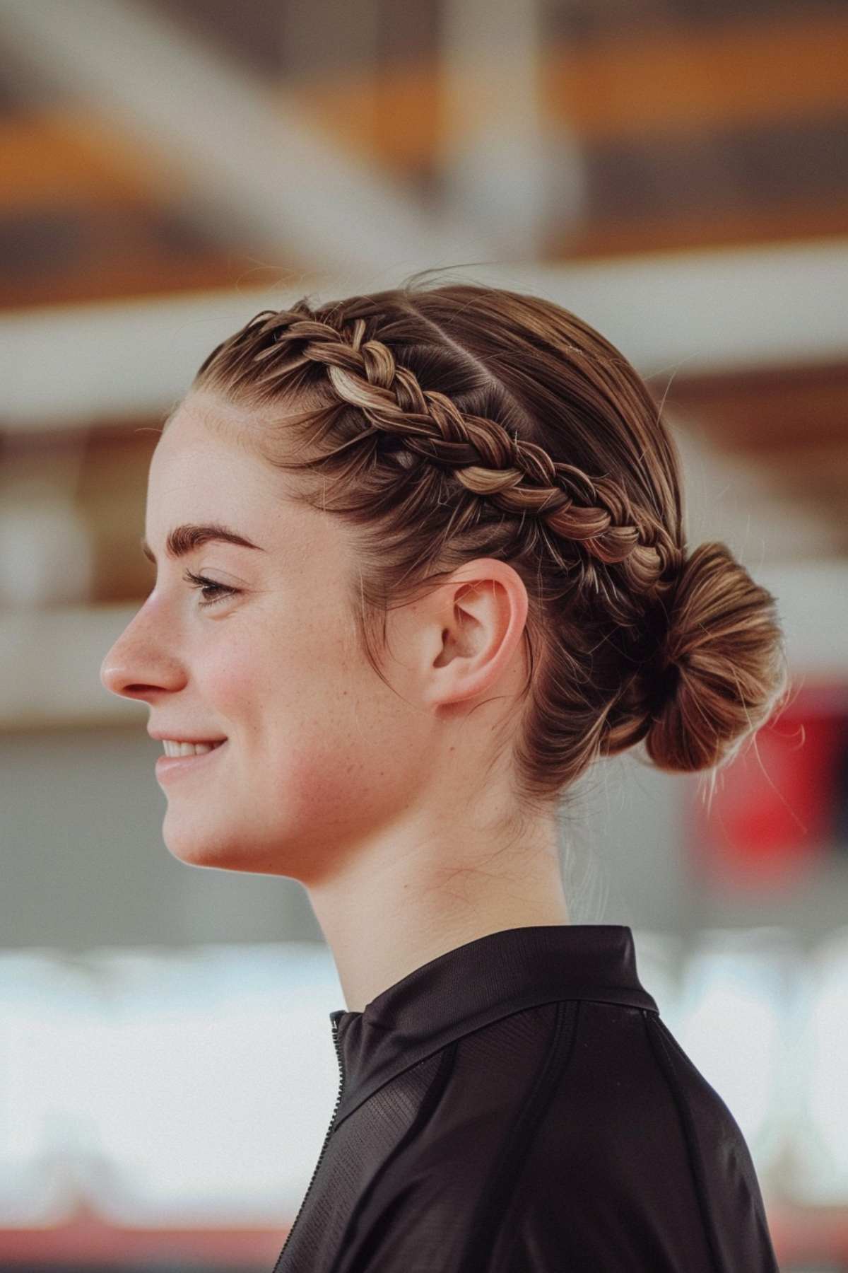 sporty braided mid length hair updo