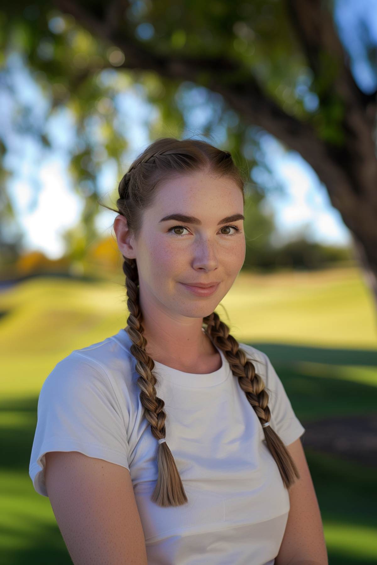 Woman with sporty double braids, golf hairstyle