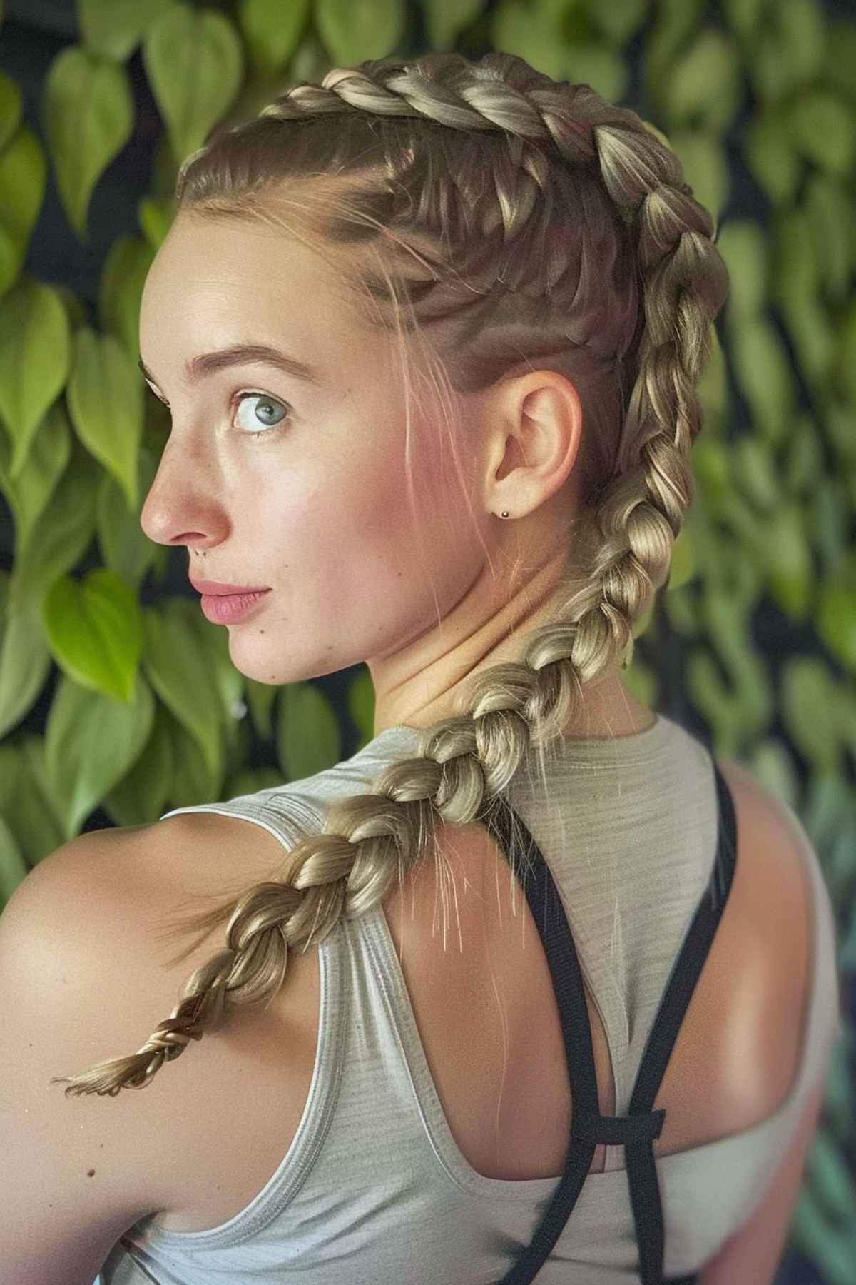 Sporty double Dutch braids on medium-length hair, perfect for maintaining a tidy and stylish look during high-intensity activities. 