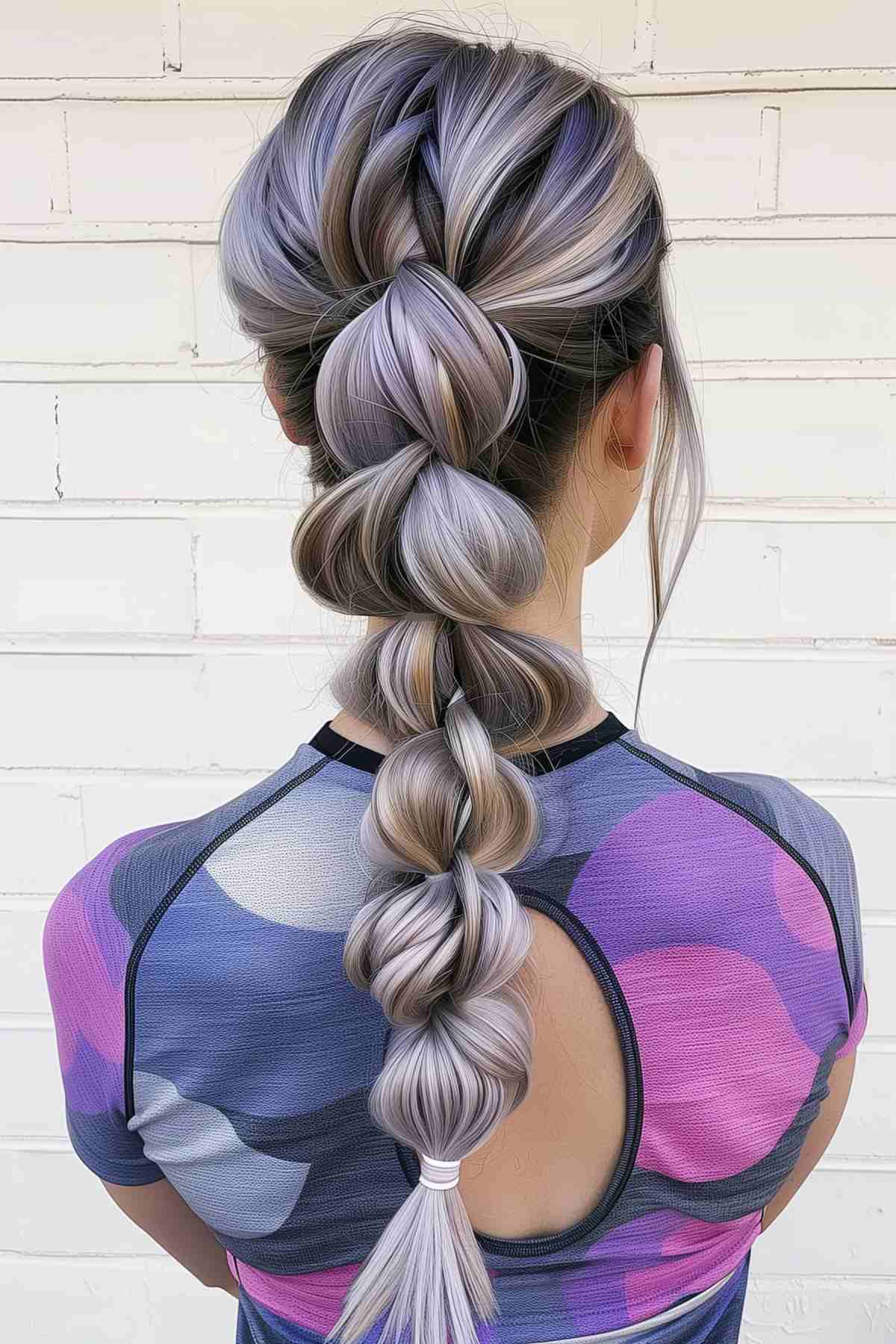 Sporty bubble braid hairstyle, starting with a French braid and transitioning to segmented bubbles, in a trendy silvery lavender color.