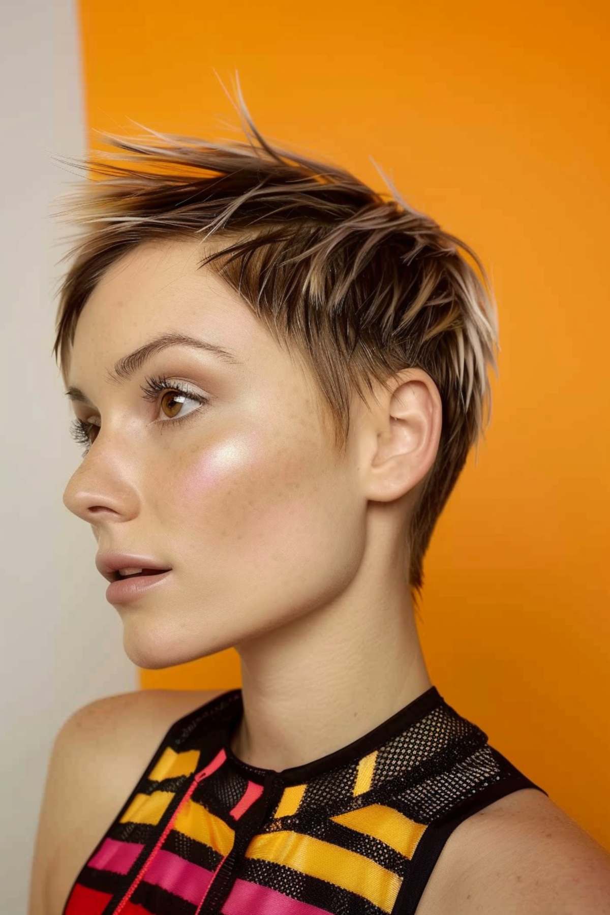 Woman with a dynamic short pixie cut featuring textured layers and strategic highlights, ideal for an active lifestyle requiring minimal hair maintenance.