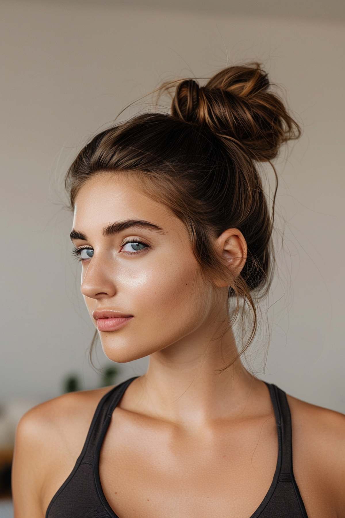High bun updo on a woman, styled for both functionality and elegance, ideal for active lifestyles that require effortless hair management.