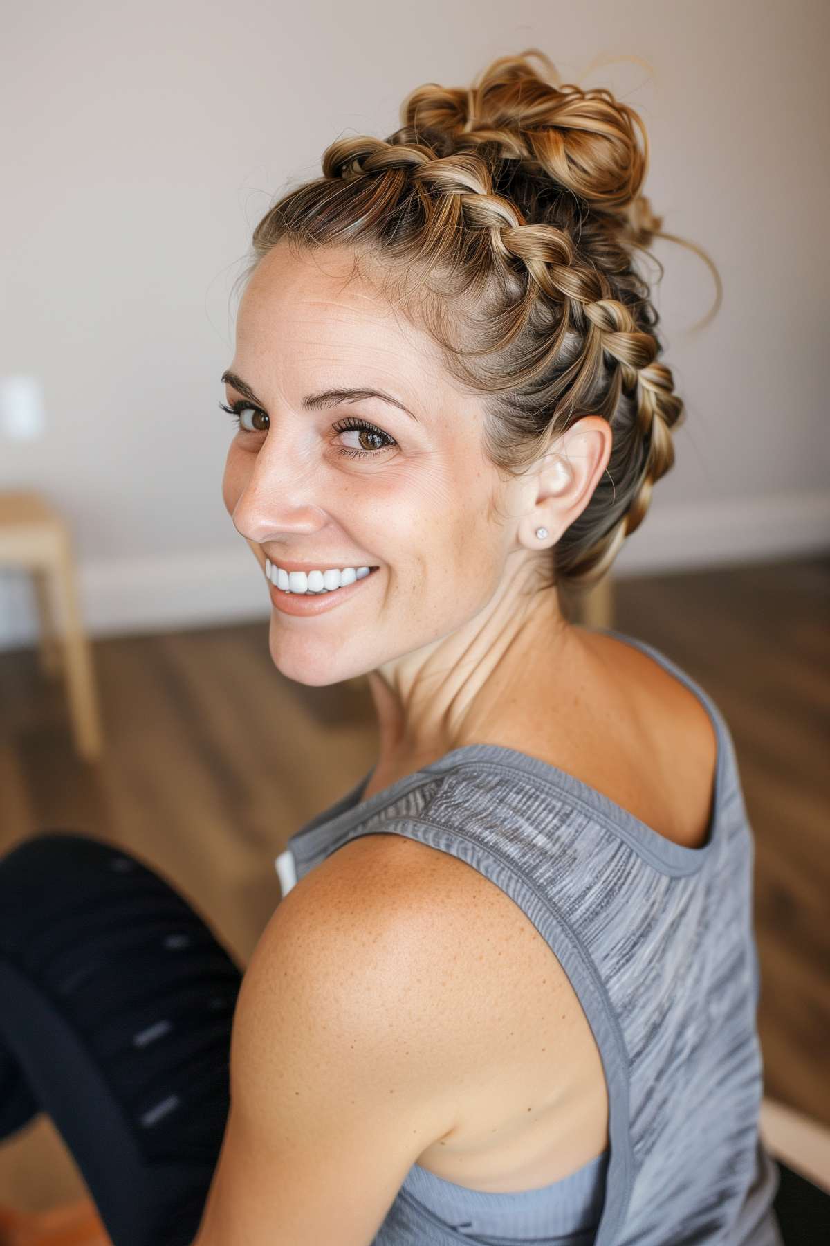 Active woman sporting a braided updo starting as a French braid and ending in a messy bun at the crown, ideal for workout and casual settings.