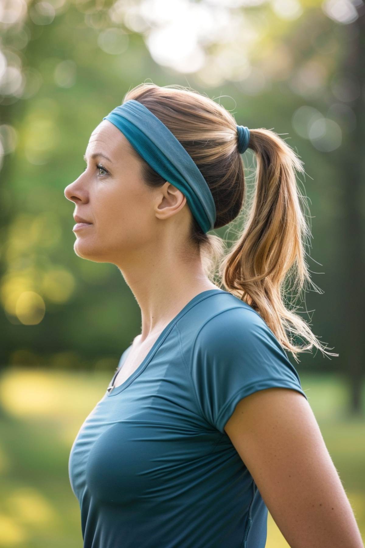 Woman over 40 with a high ponytail and teal headband, combining style and functionality for an active lifestyle.