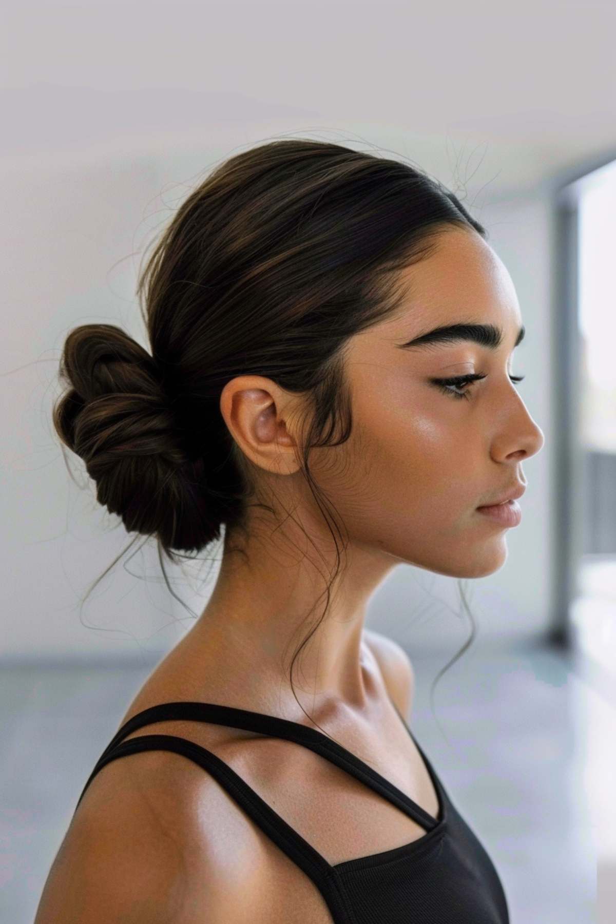 Woman with a sleek, gym-ready low bun at the nape, designed for an active lifestyle while maintaining a polished look suitable for various settings.