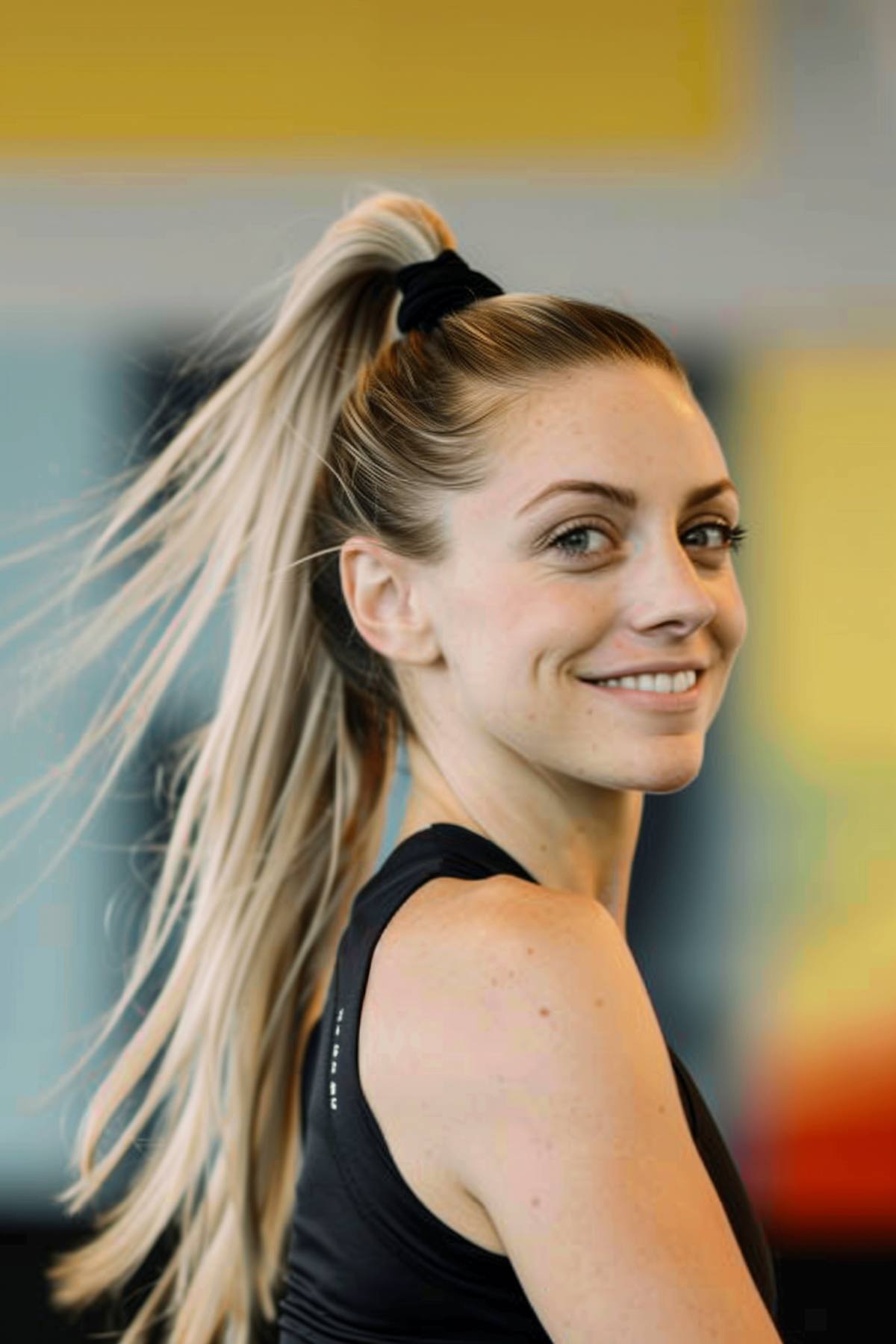 Woman with long, straight hair styled into a high ponytail secured at the crown, ideal for both sports and casual outings. 