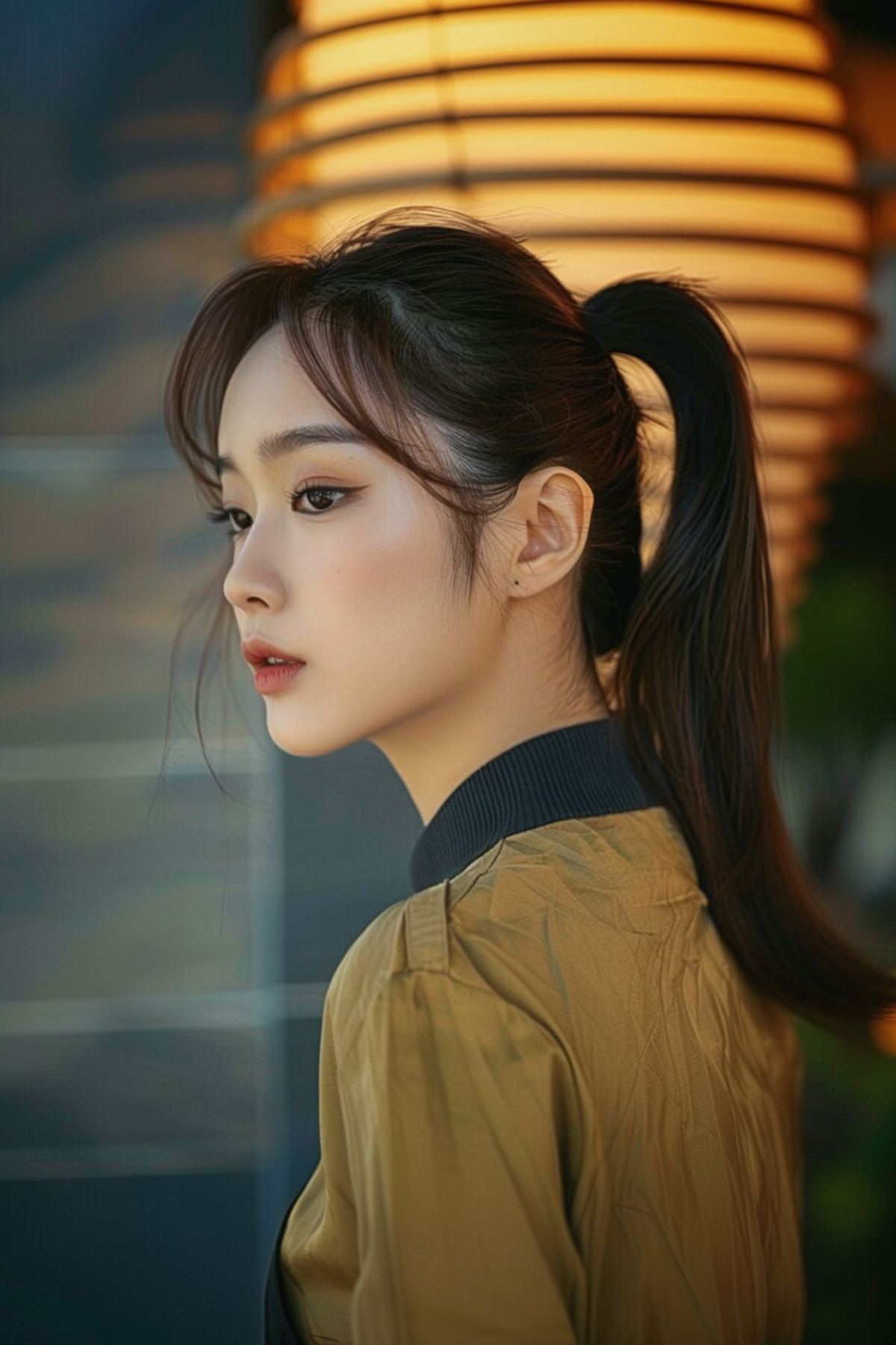 Sleek mid-height ponytail with subtle face-framing pieces, offering a stylish yet practical hairstyle inspired by Korean fashion.