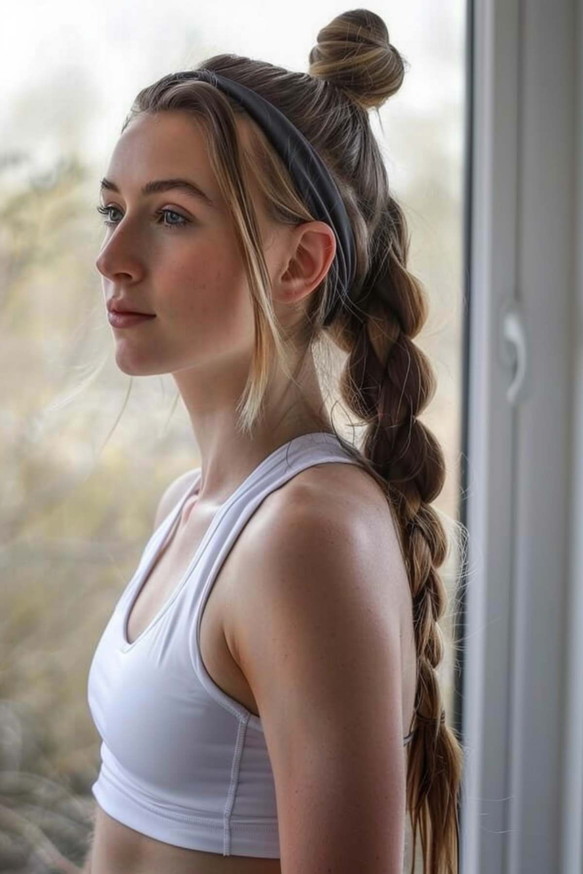 Innovative sporty hairstyle with a high bun and low ponytail, complemented by a headband, ideal for active lifestyles requiring quick hair preparation.