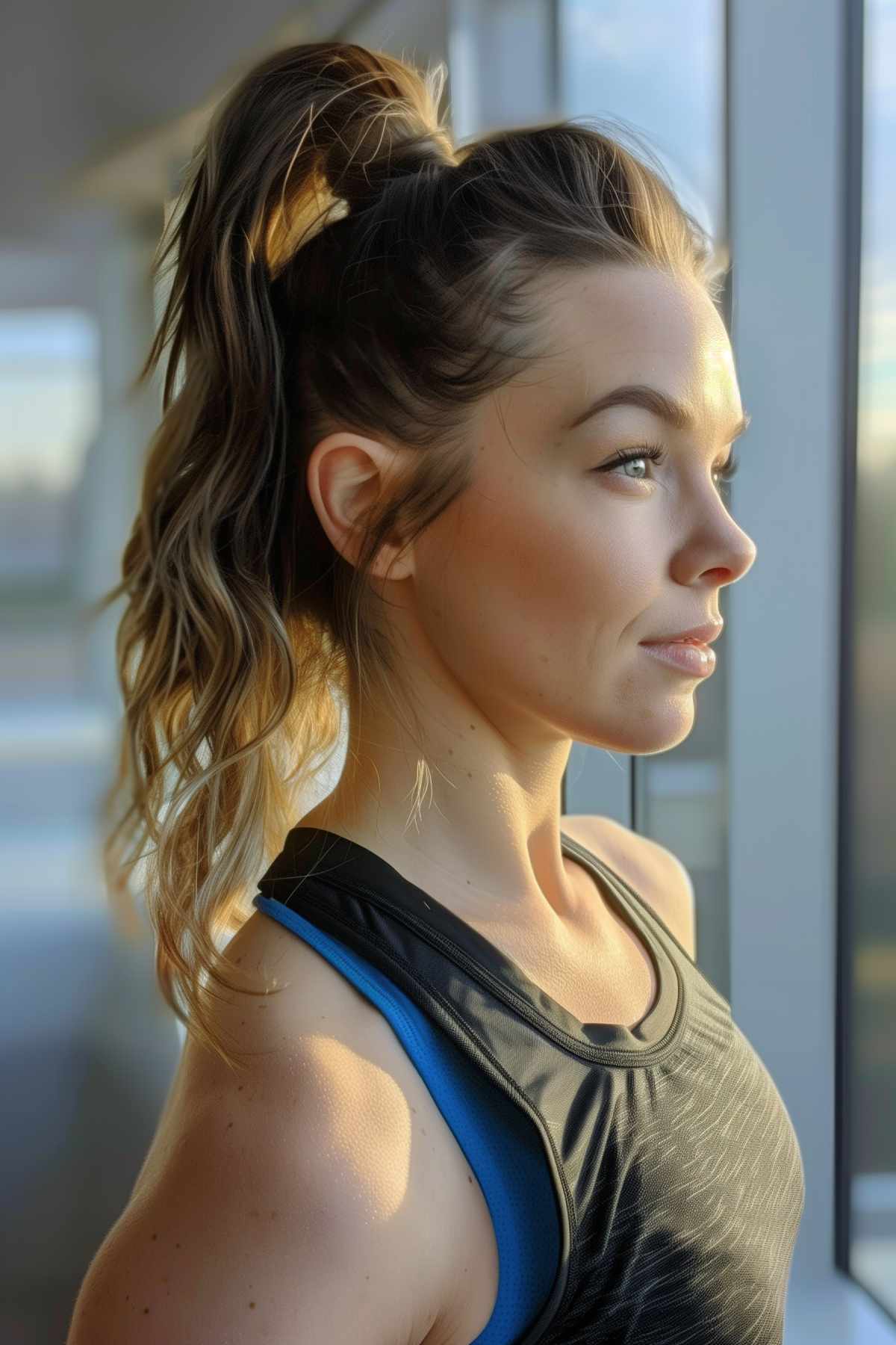Sporty high ponytail with a creative twist at the base, featuring natural wavy hair, perfect for running and casual activities.