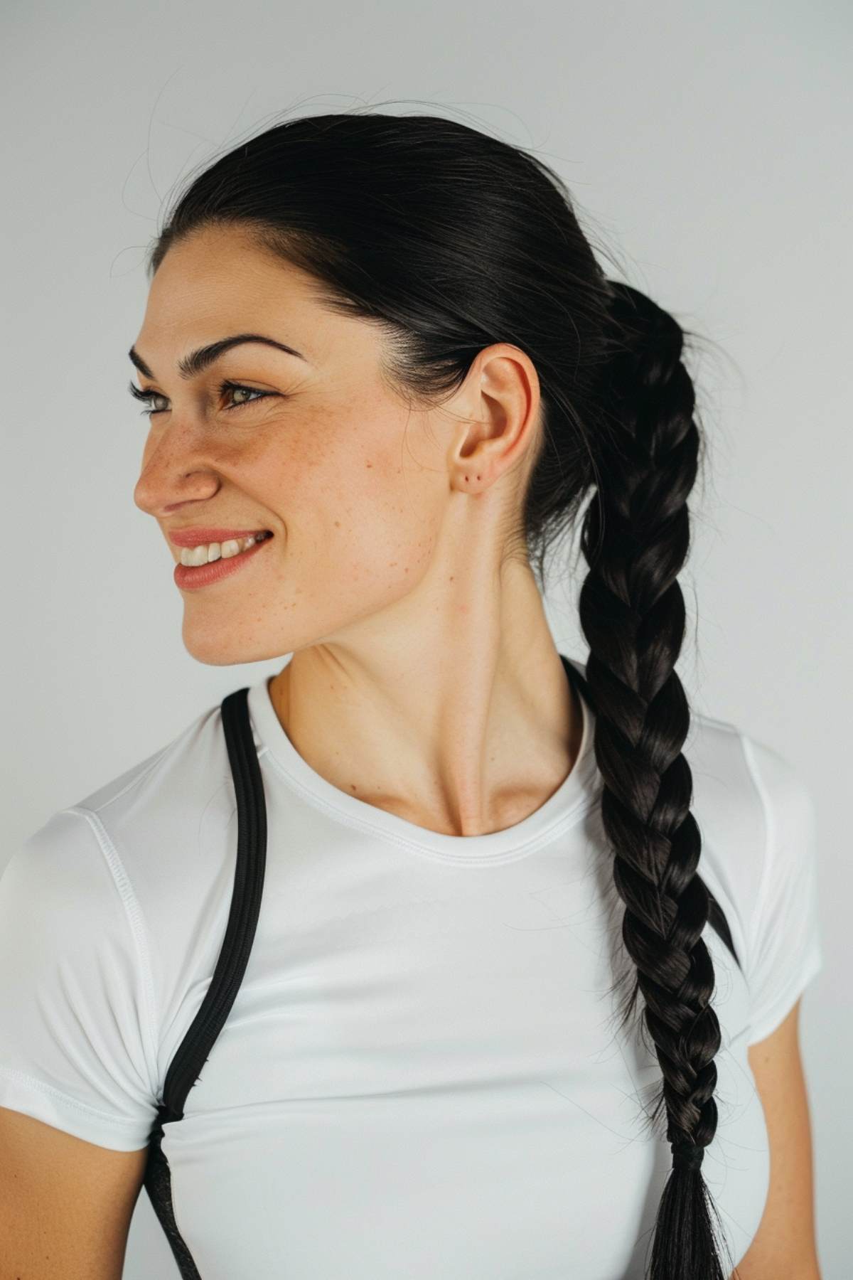 Long, sleek, tightly braided ponytail, ideal for an active lifestyle, ensuring hair stays neatly in place with a sophisticated look.